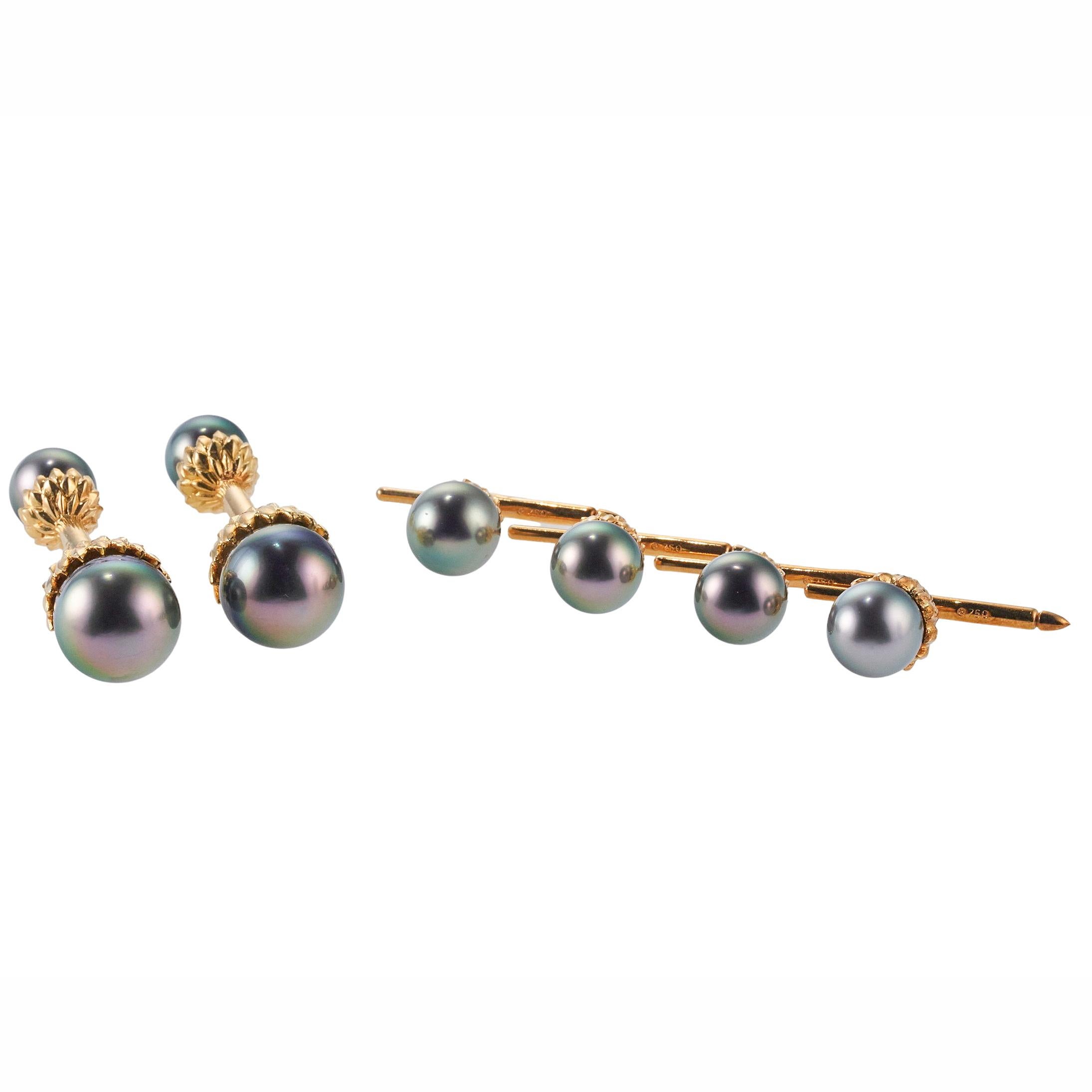 Round Cut Assael South Sea Tahitian Pearl Yellow Gold Cufflinks Stud Set For Sale