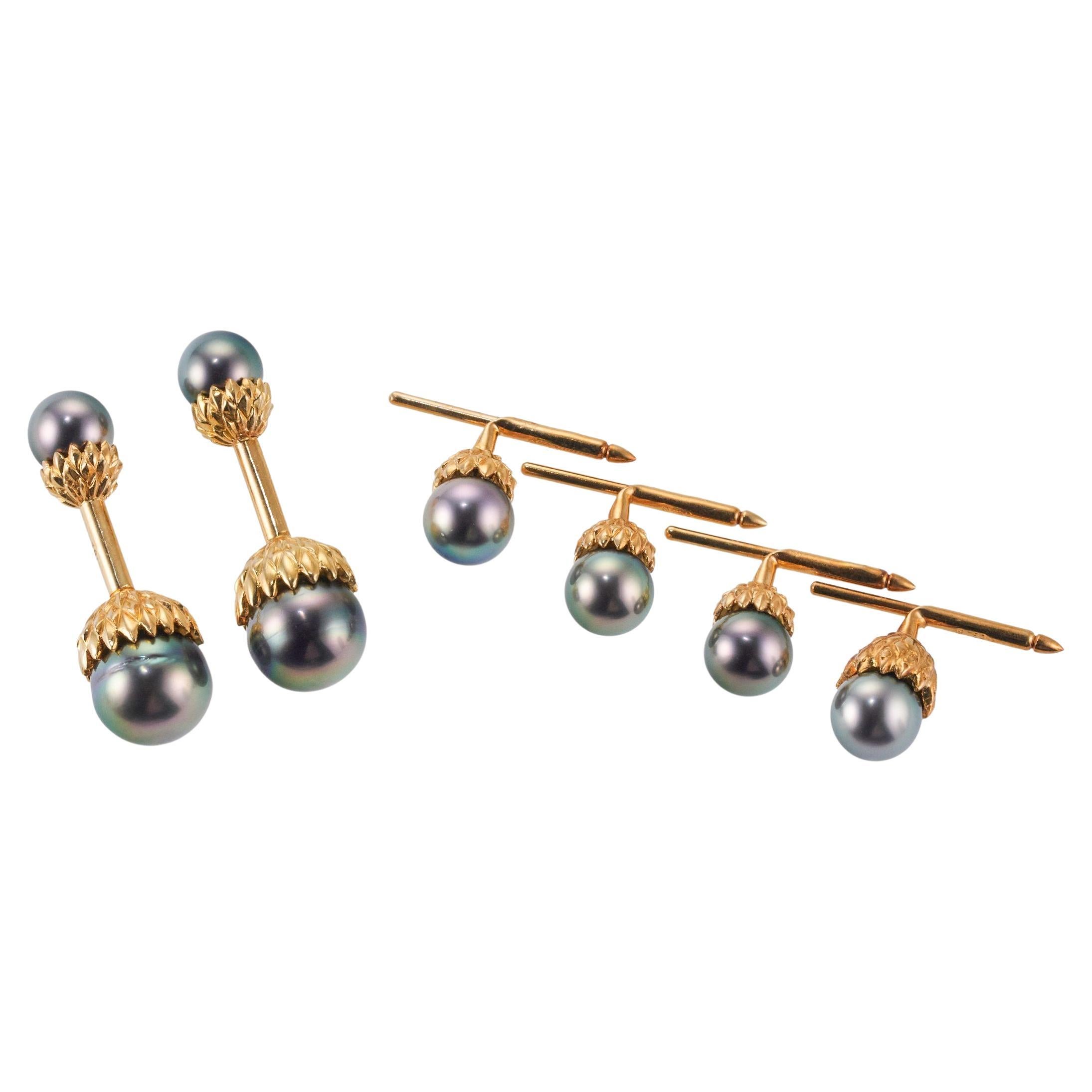 Assael South Sea Tahitian Pearl Yellow Gold Cufflinks Stud Set For Sale