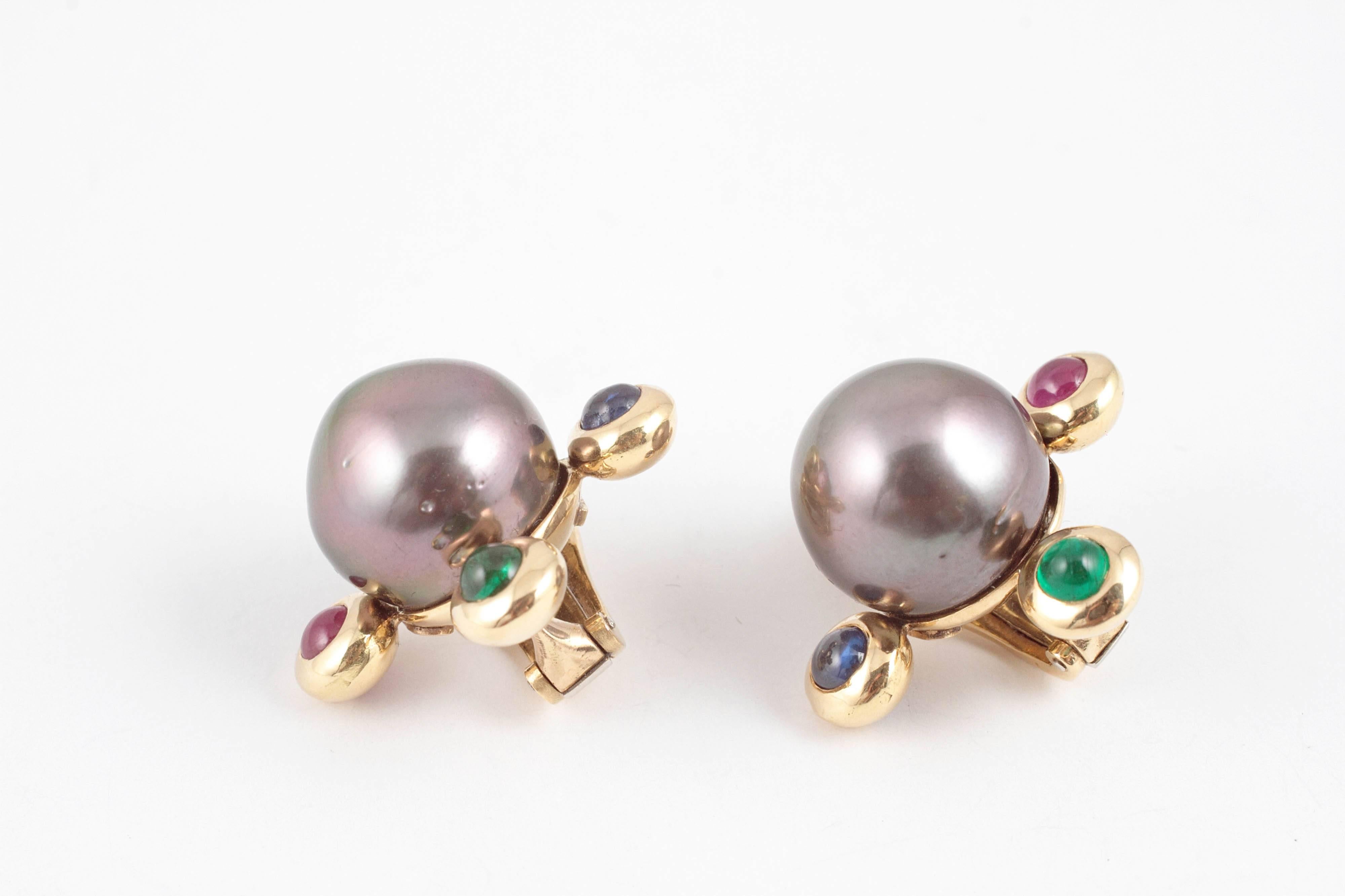 Assael Tahitian Pearl Diamond, Sapphire, Emerald, Ruby Earrings In Good Condition For Sale In Dallas, TX