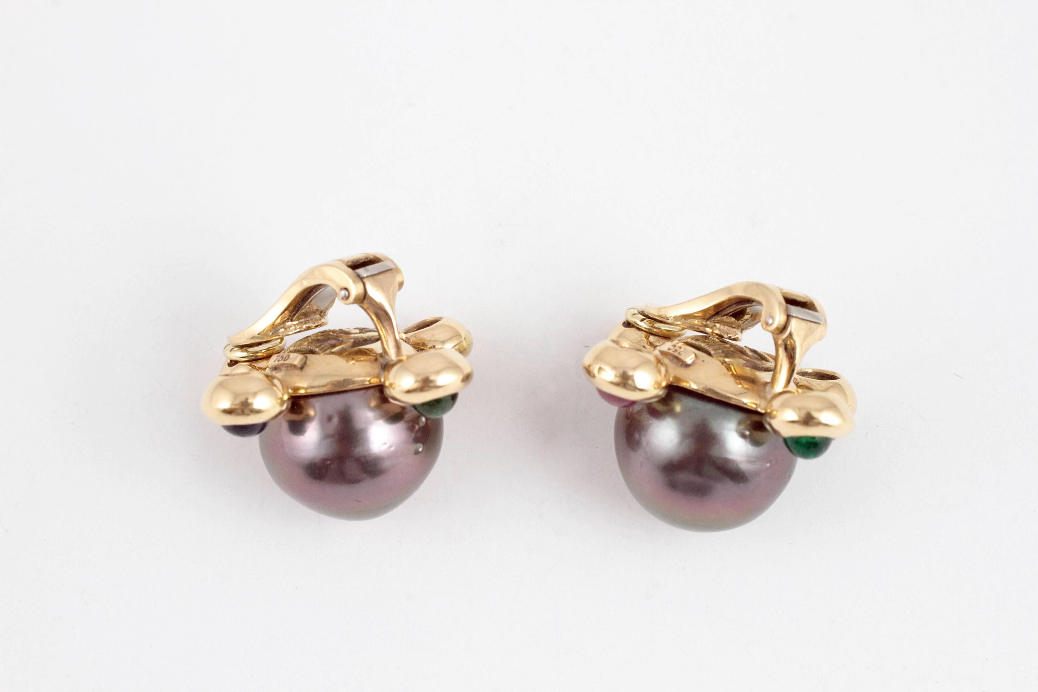 Assael Tahitian Pearl Diamond, Sapphire, Emerald, Ruby Earrings For Sale 1