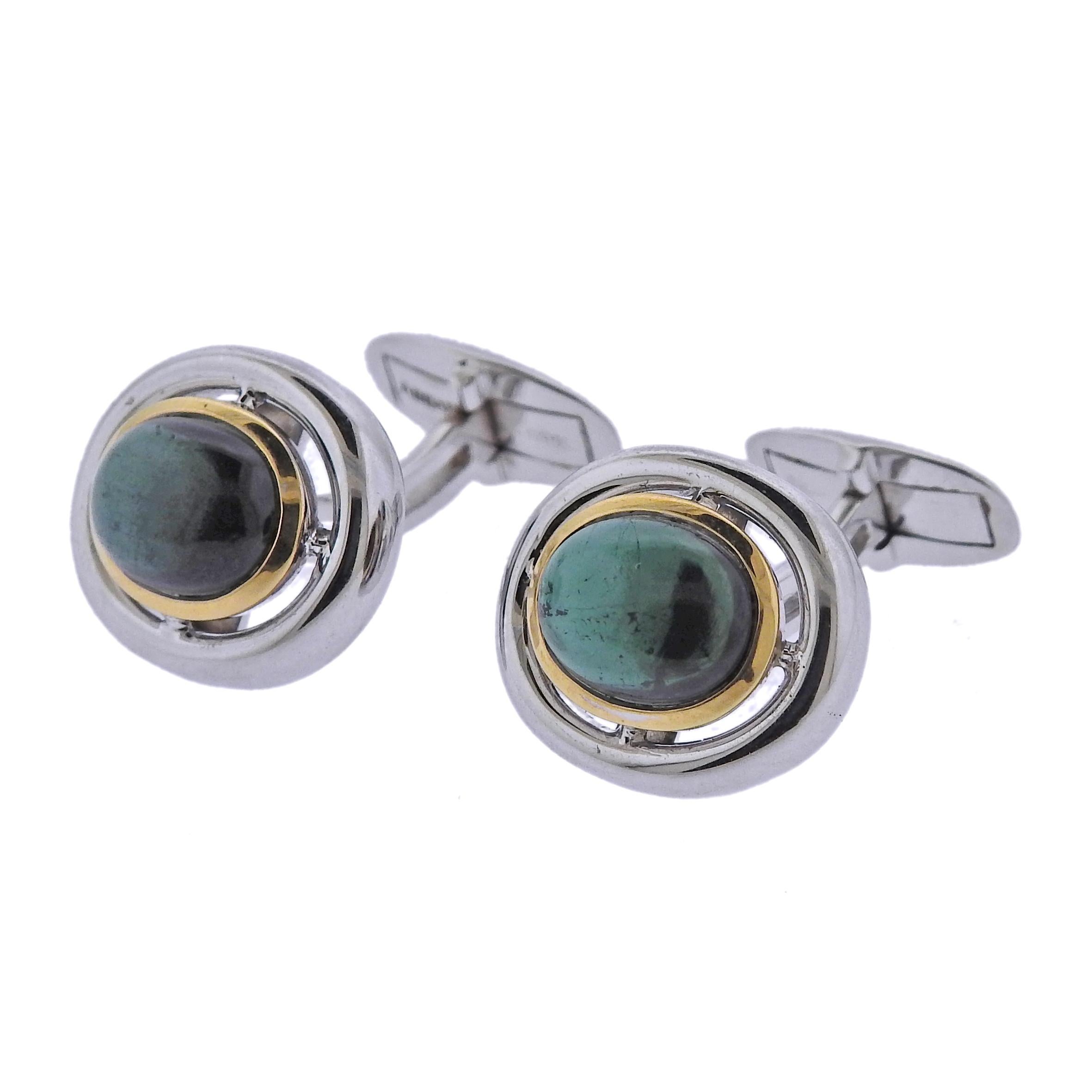 Pair of 18k gold cufflinks by Assael, with green tourmaline cabochons Retail $8300. Come with pouch.  Cufflinks are 16mm x 14mm. Weight - 12.2 grams. Marked: Assael 18k.