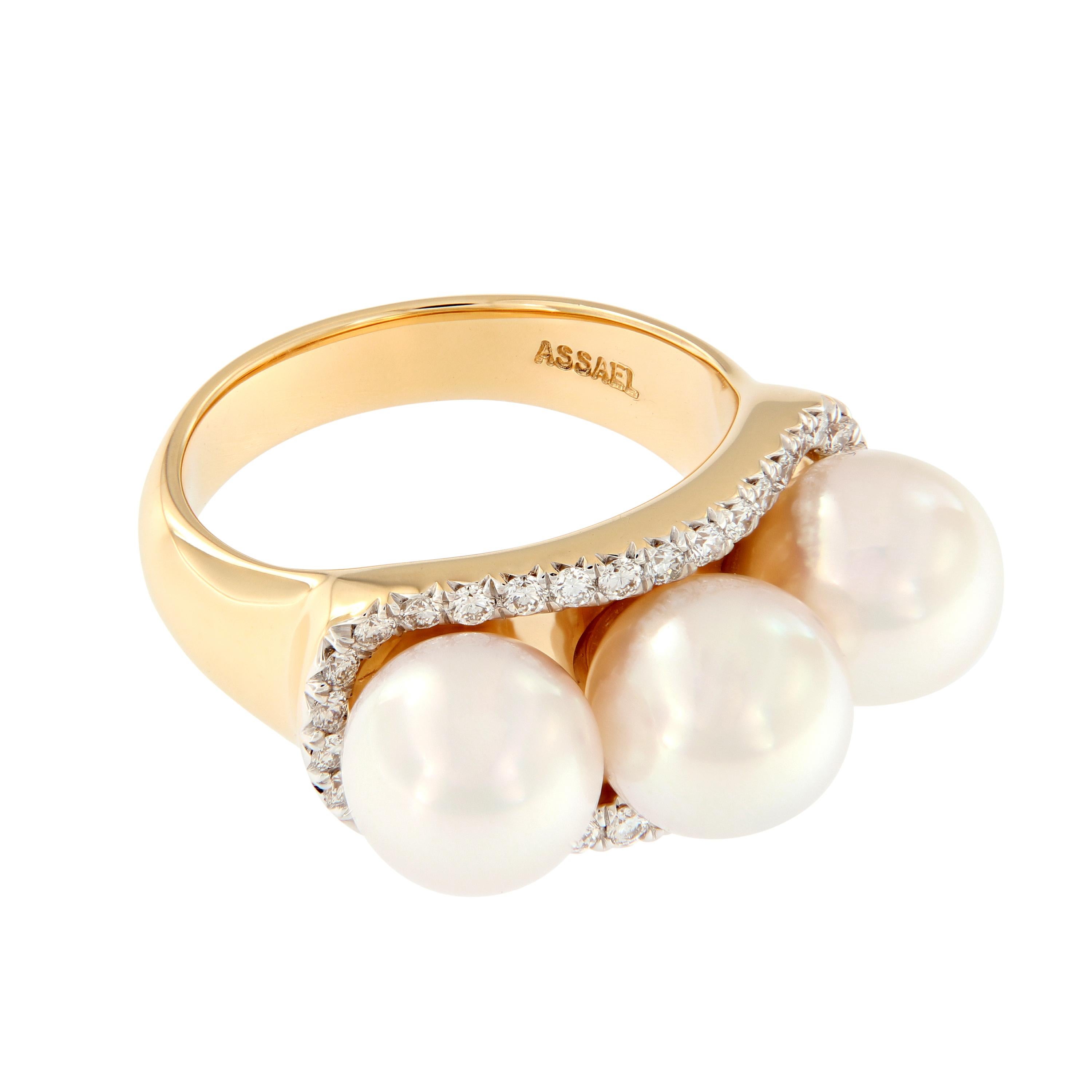 Assael “Trilogy” Akoya Pearl Diamond Ring at 1stDibs