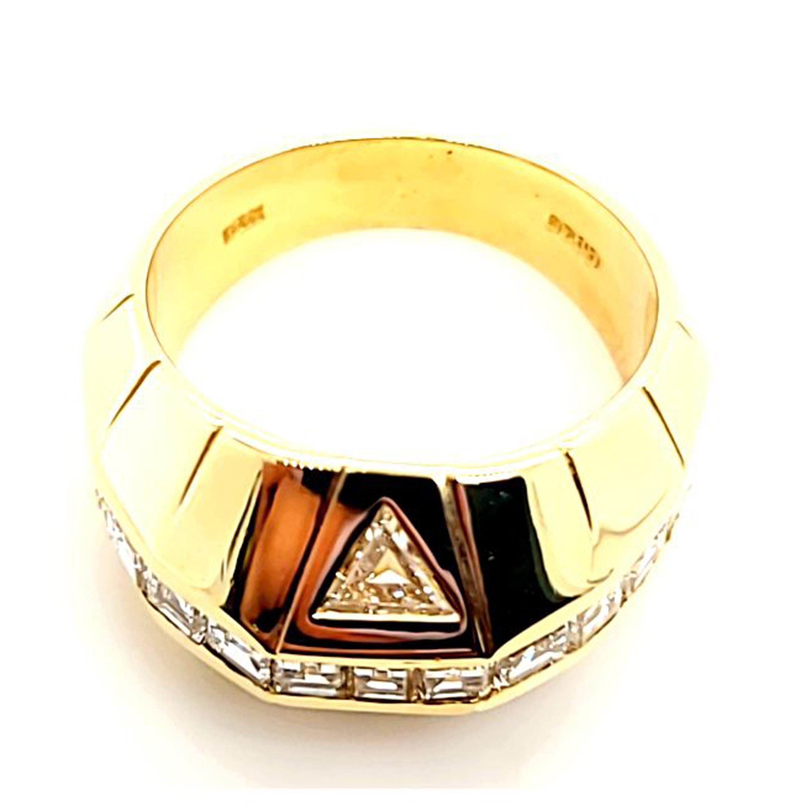 18 Karat Yellow Gold Men's Ring Featuring 15 Asscher and Trillant Cut Diamonds Of VS Clarity & G Color Totaling Approximately 2.00 Carats. Finger Size 9.5. Purchase Includes One Sizing Service, Upon Request. Finished Weight Is 18.2 Grams.