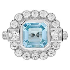 Asscher Blue Aquamarine & Diamond Halo Set Art Deco Style 14K White Gold Ring