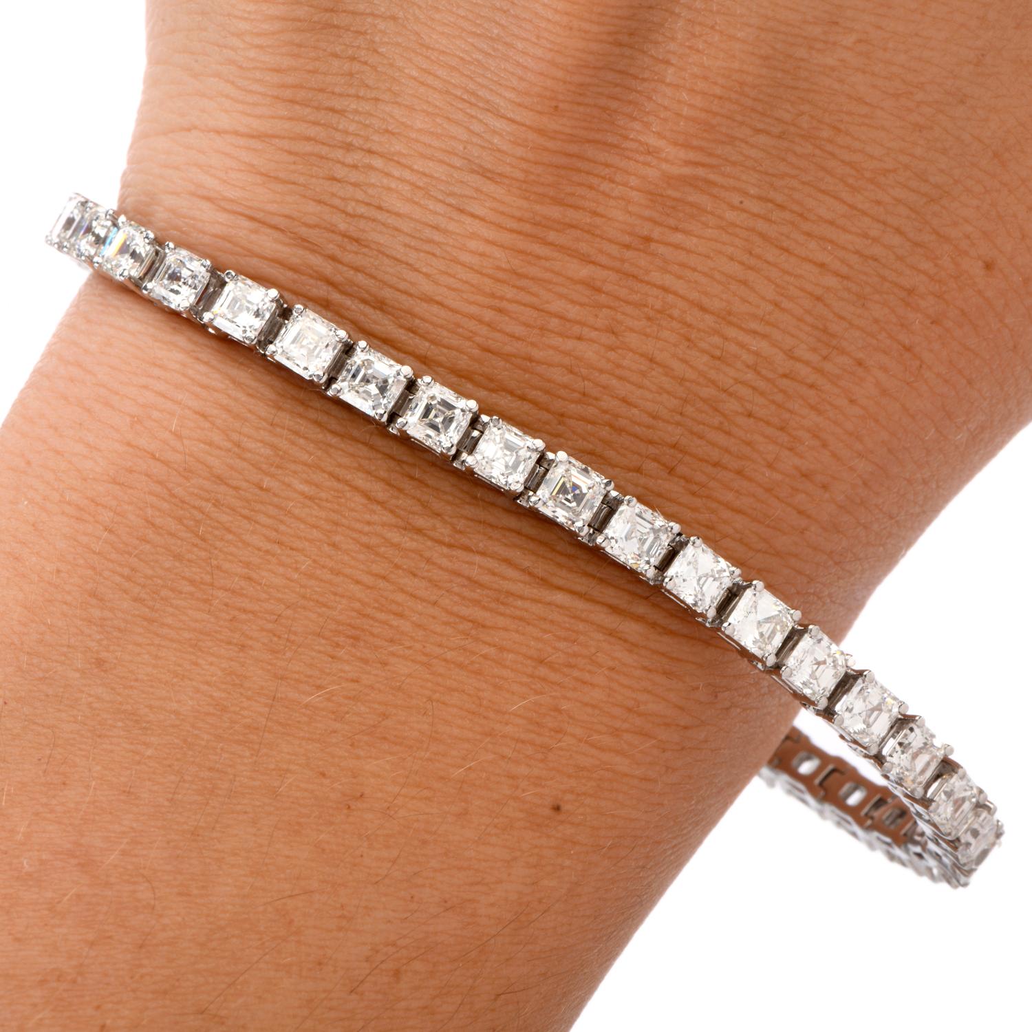 This exquisite Diamond Bracelet was inspired in a line Bracelet 

design and crafted in Platinum.

With 40 Asscher Cut DIamonds running from end to end

this bracelet has a combined diamond weight of appx. 13.20 carat

and are of G-H color and