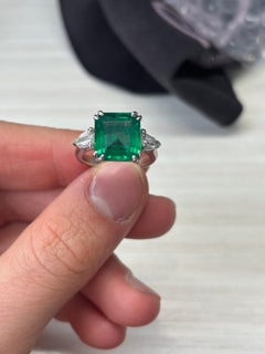 5.50ct Zambian Emerald & Diamond Asscher-Cut Three-Stone Ring