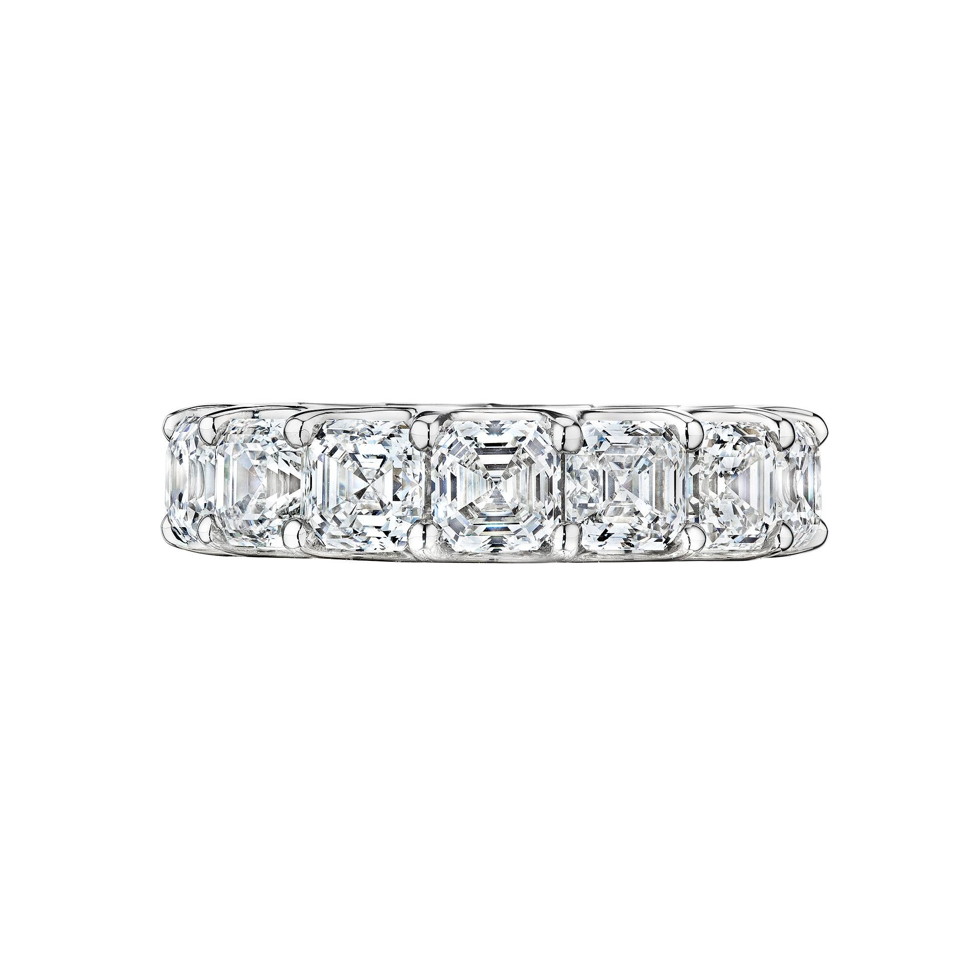 Immerse yourself in this luminous and uncompromising Asscher cut diamond platinum eternity band.  With 15 extraordinary Asscher cut diamonds, each GIA certified, this shared prong platinum eternity band is enchanting.  Total diamond weight is 7.99. 