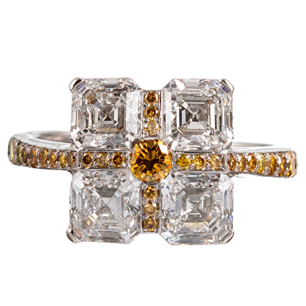 Asscher Cut and Yellow Diamond Ring, Signed Daniel K