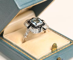 Aquamarine and Onyx Ring. 1ct Aquamarine Onyx Diamond Double Halo Ring Platinum