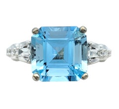 Asscher Cut Aquamarine Ring with Diamonds and Filigree in 14 Karat White Gold