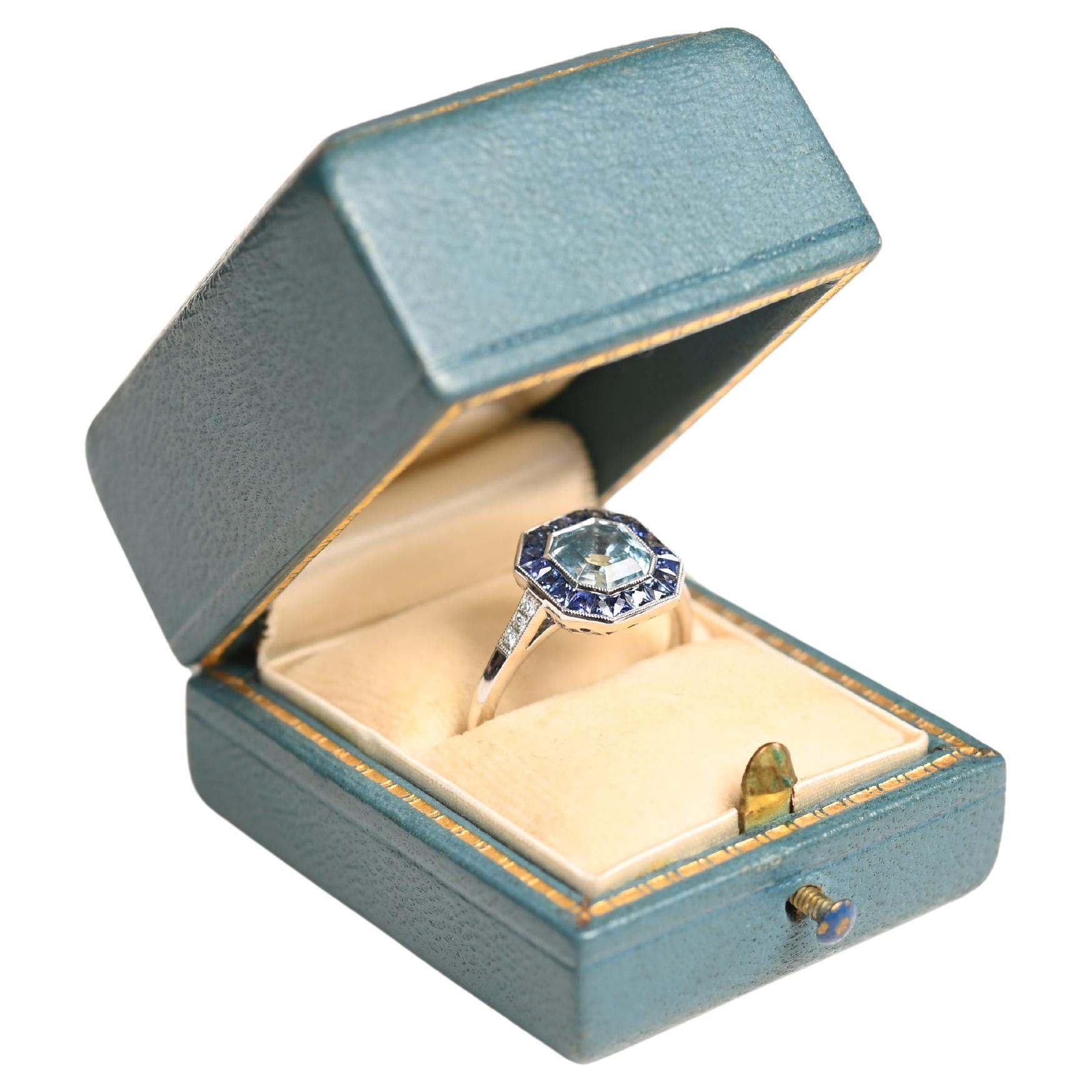 Asscher Cut Aquamarine with Sapphire Cluster Ring (Approx. 1.20-Carats, Platinum
