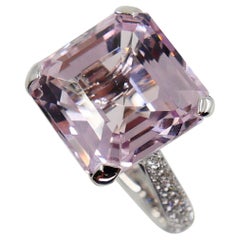 Asscher Cut Baby Pink Kunzite 12.02 Cts & Diamond Cocktail Ring, Statement Piece