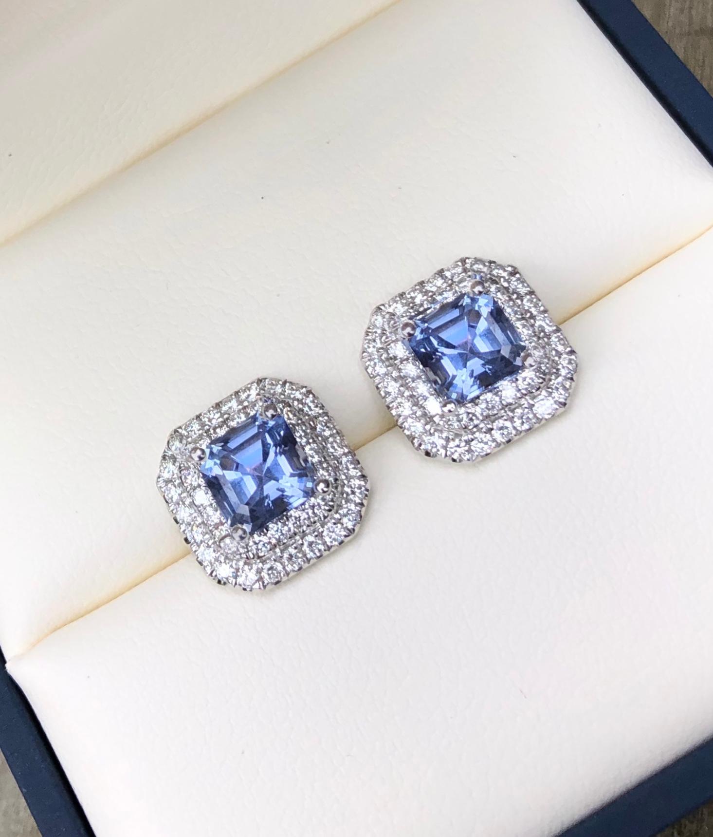Contemporary Asscher Cut Ceylon Blue Sapphire and Diamond Earrings in White Gold For Sale