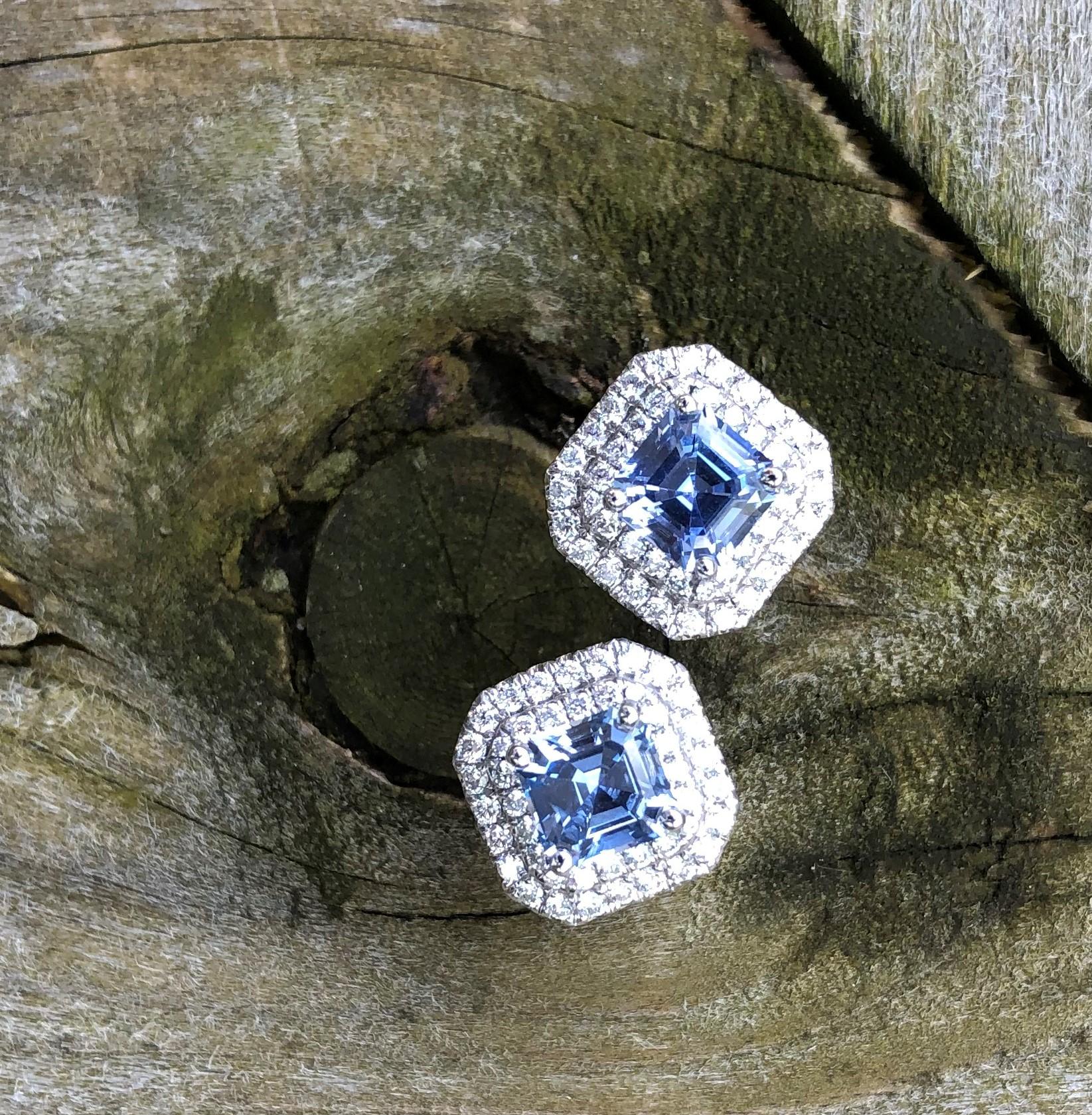 Asscher Cut Ceylon Blue Sapphire and Diamond Earrings in White Gold In New Condition For Sale In Toronto, CA