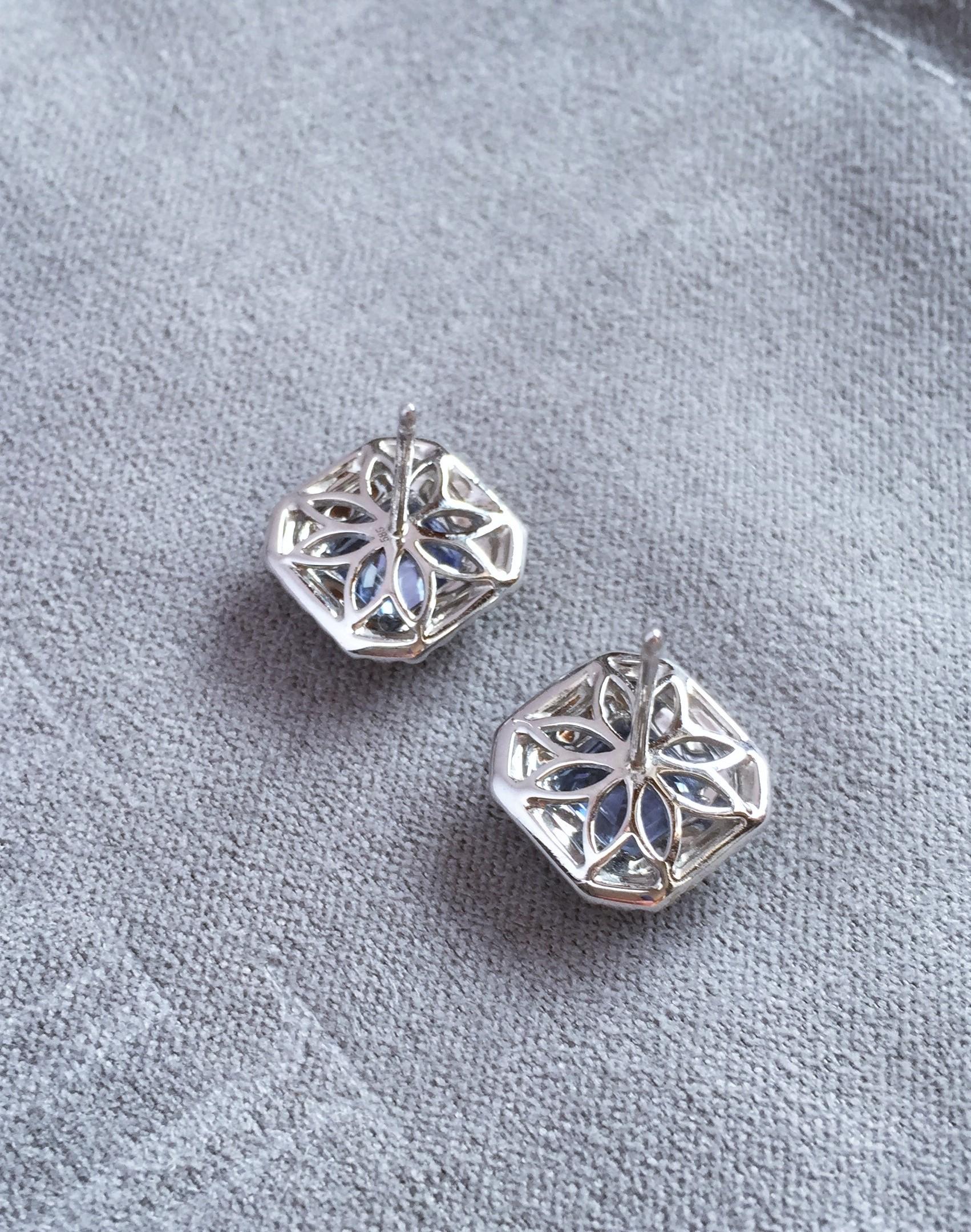Asscher Cut Ceylon Blue Sapphire and Diamond Earrings in White Gold For Sale 1
