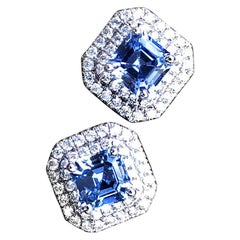 Asscher Cut Ceylon Blue Sapphire and Diamond Earrings in White Gold
