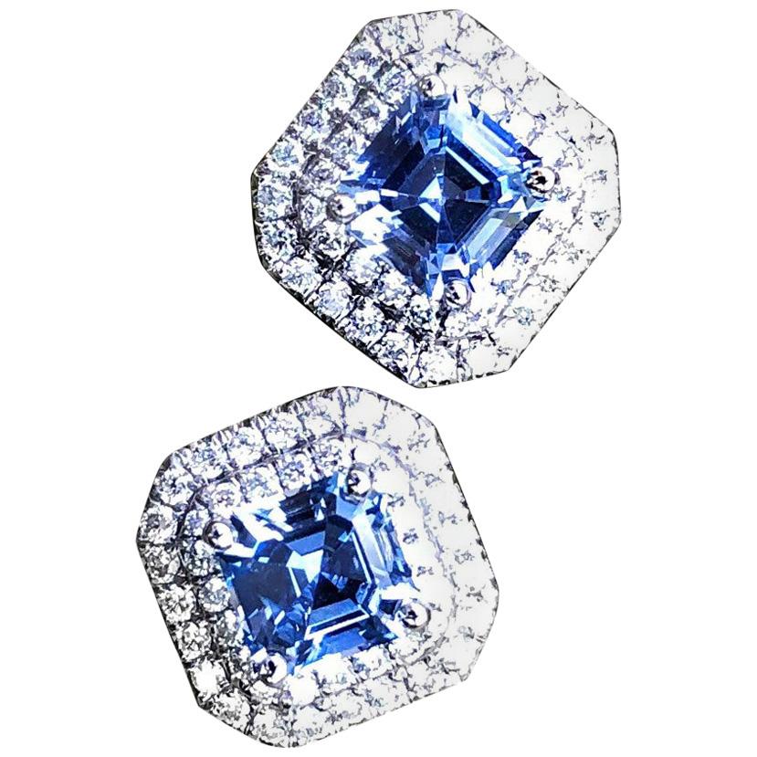 Asscher Cut Ceylon Blue Sapphire and Diamond Earrings in White Gold For Sale
