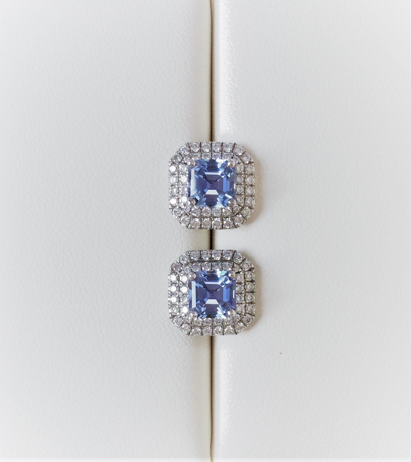 Asscher Cut Ceylon Blue Sapphire and Diamond Earrings in White Gold For Sale 5