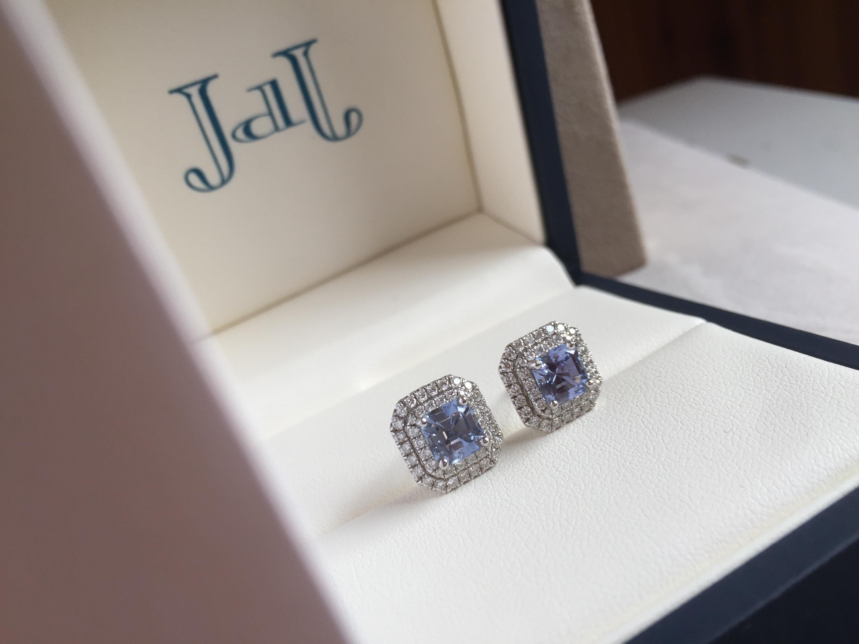 Asscher Cut Ceylon Blue Sapphire and Diamond Earrings in White Gold For Sale 6