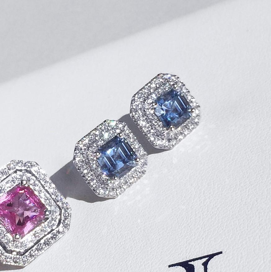 Asscher Cut Ceylon Blue Sapphire & diamond Earrings in White Gold 
Classic & wearable in size,  these  Earrings are set with lively pair of Asscher cut Ceylon Blue sapphires weighing 2.49ct and framed with two rows of claw set diamonds weighing 