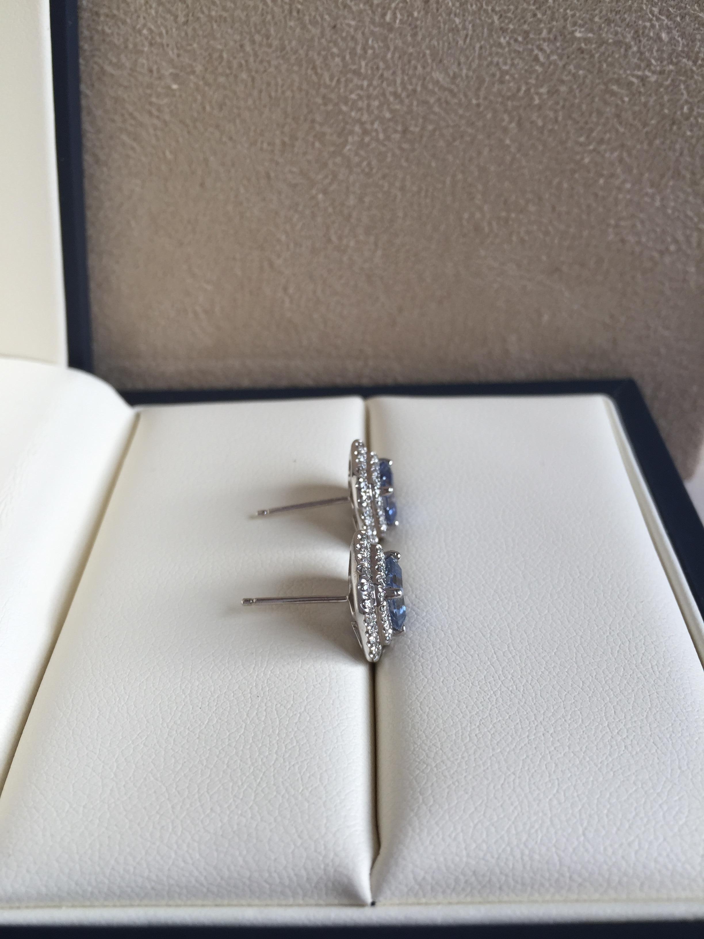 Women's Asscher Cut Ceylon Blue Sapphire and Diamond Earrings in White Gold For Sale