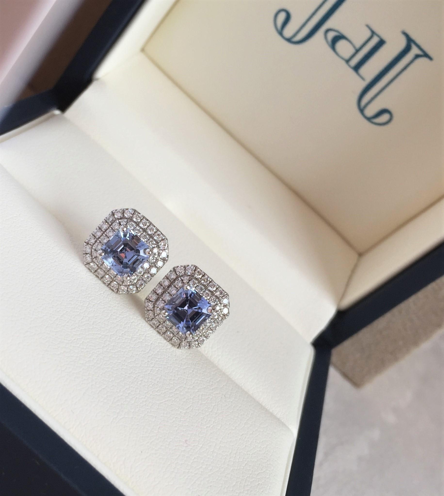 Asscher Cut Ceylon Blue Sapphire and Diamond Earrings in White Gold For Sale 3