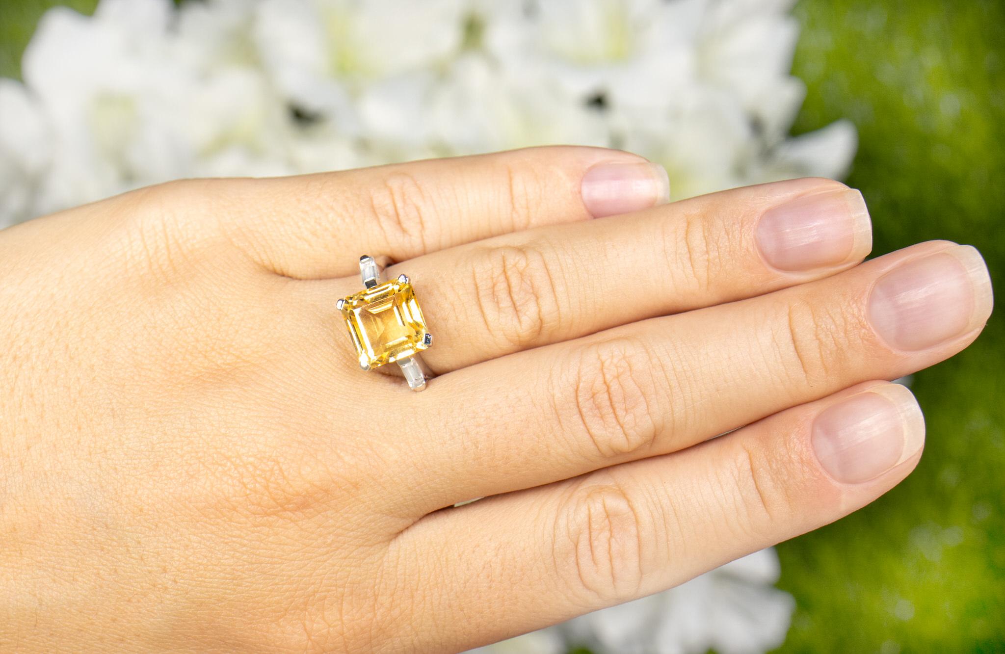 Modern Asscher Cut Citrine Ring White Topaz 4.89 Carats
