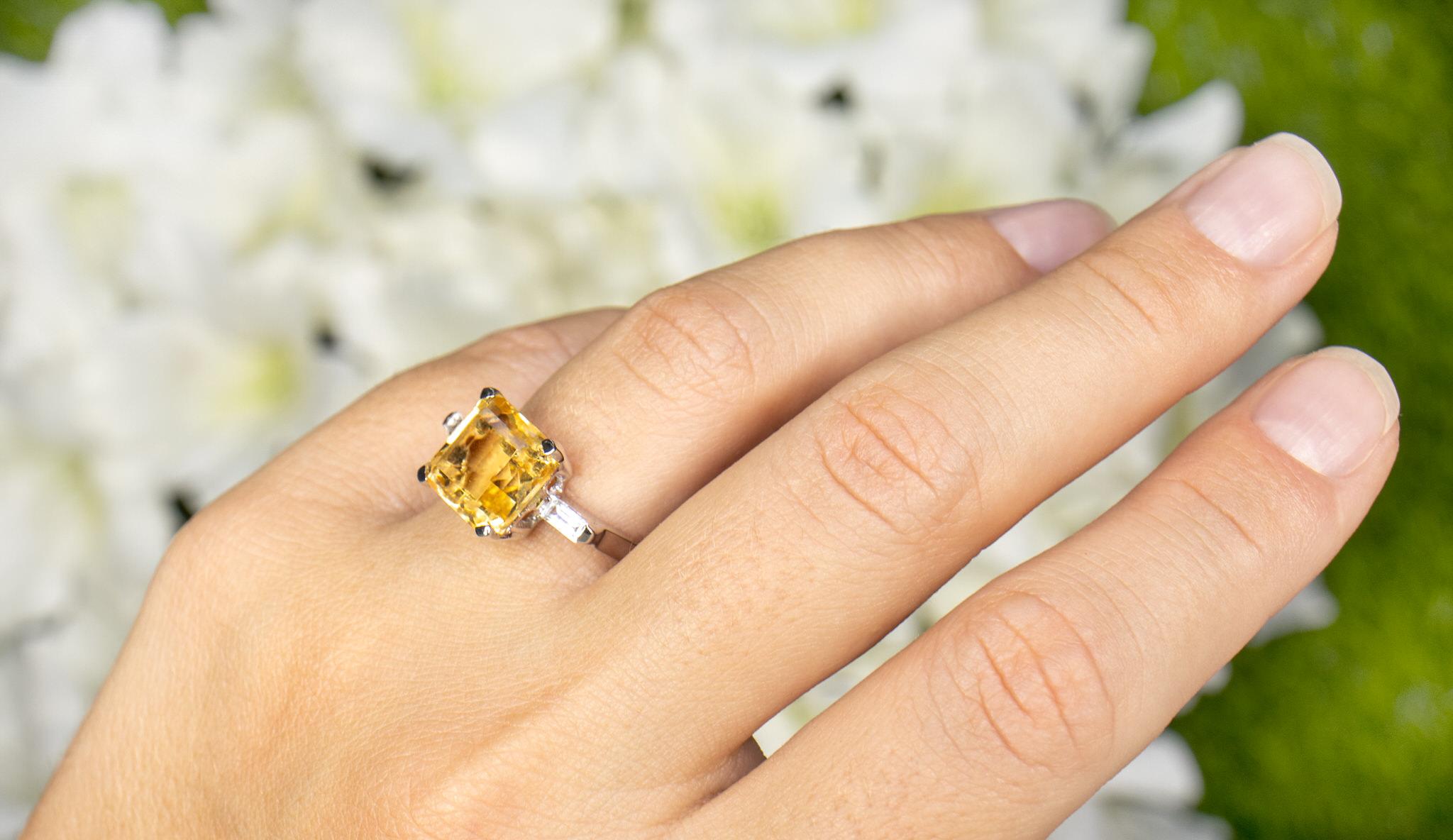 Asscher Cut Citrine Ring White Topaz 4.89 Carats In Excellent Condition In Aliso Viejo, CA