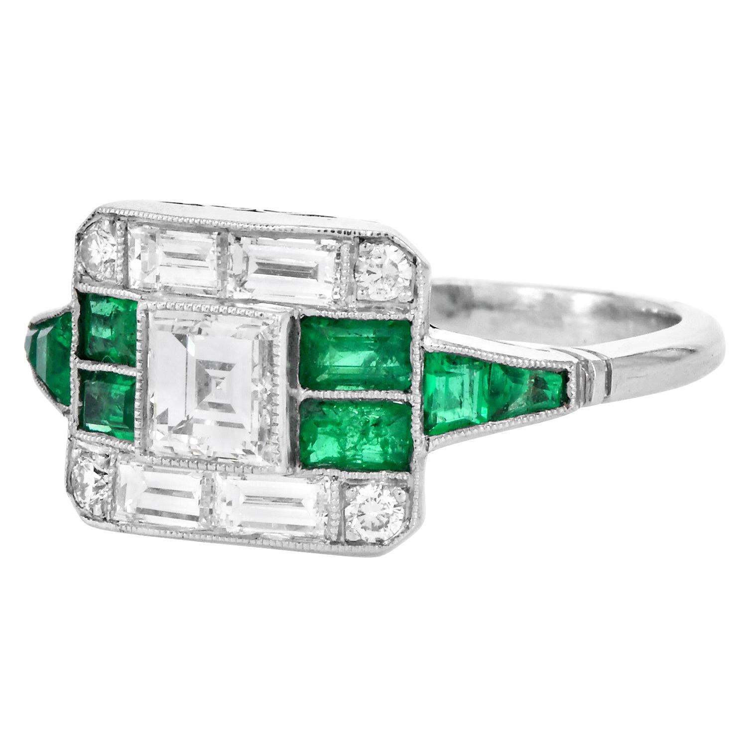 A stunning display of Art Deco elegance, this vintage platinum ring features a mesmerizing 0.60-carat Asscher-cut diamond (E-F color, VS clarity) at its center. The geometric mosaic design is enhanced by an arrangement of round and baguette-cut