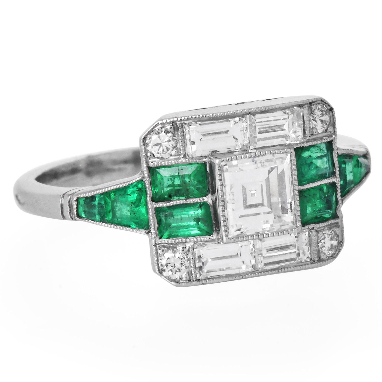 Women's Asscher Cut Diamond 2.10cts Emerald Platinum Ring For Sale