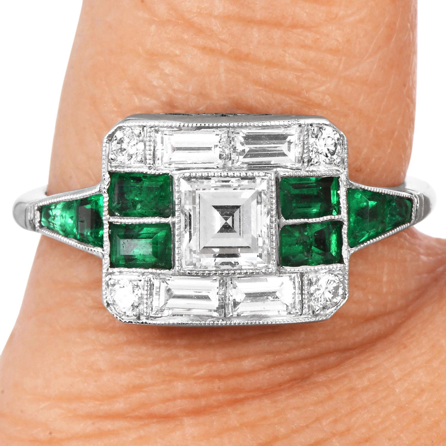 Asscher Cut Diamond 2.10cts Emerald Platinum Ring For Sale 1
