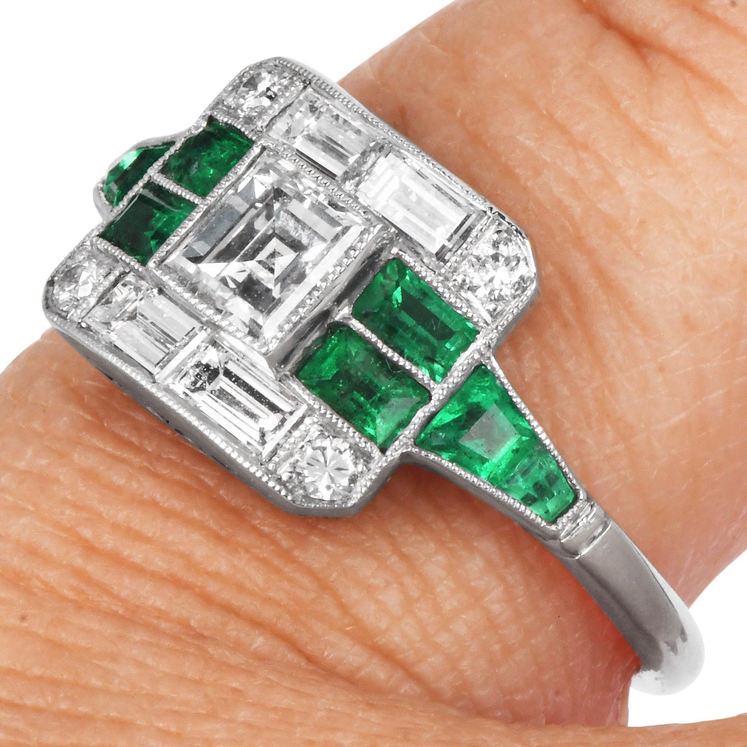 Asscher Cut Diamond 2.10cts Emerald Platinum Ring For Sale 2