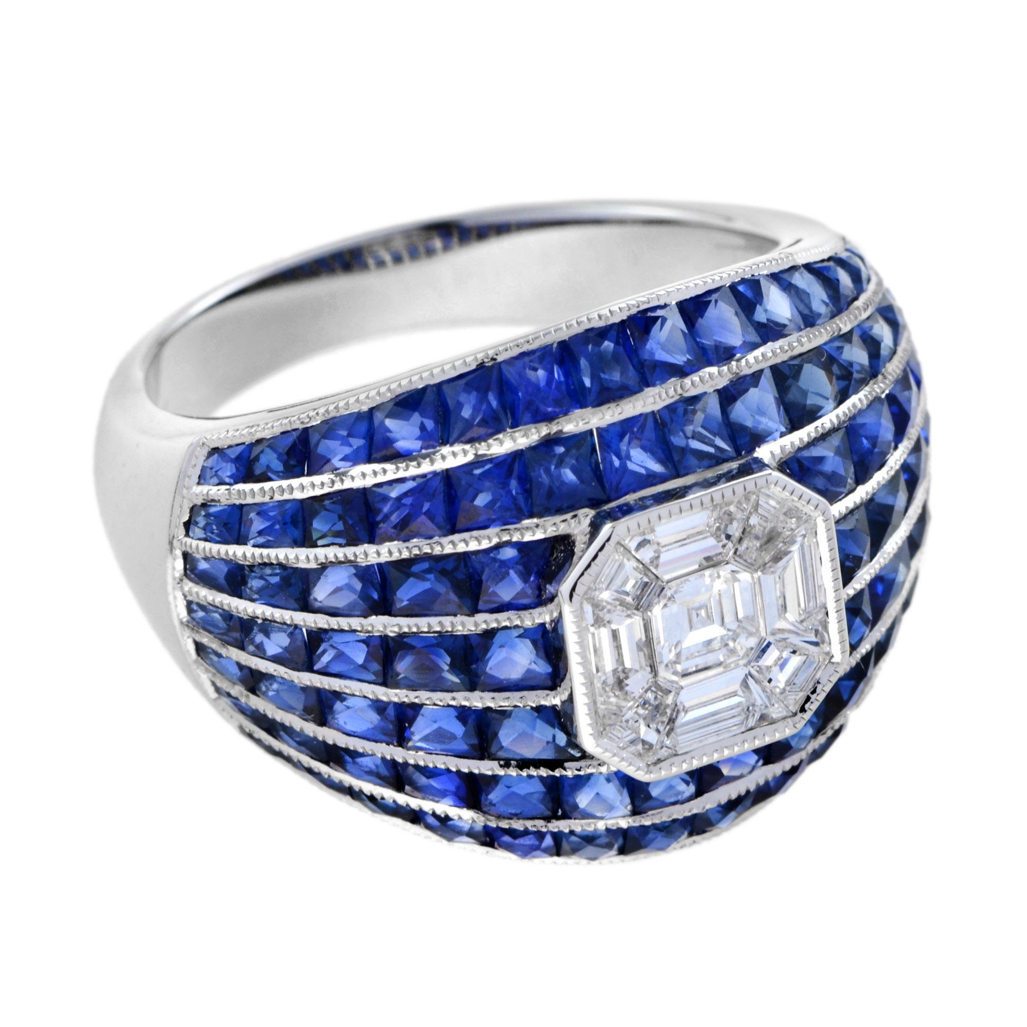 This piece of jewelry is a precise combination multiple special cut diamonds illusion set in an asscher shape of 0.55 carats for its center and 12.05 carats French cut blue sapphire set in channel setting 18k white gold. This timeless design ring
