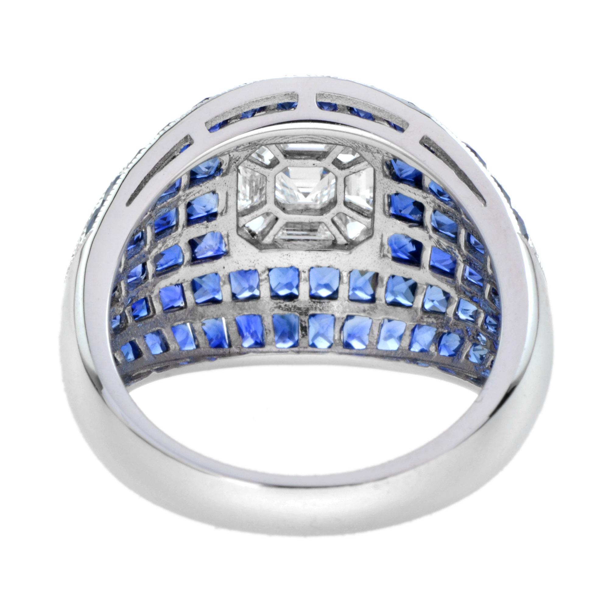 Art Deco Illusion Set Asscher Cut Diamond and Blue Sapphire Bombay Ring in 18K White Gold