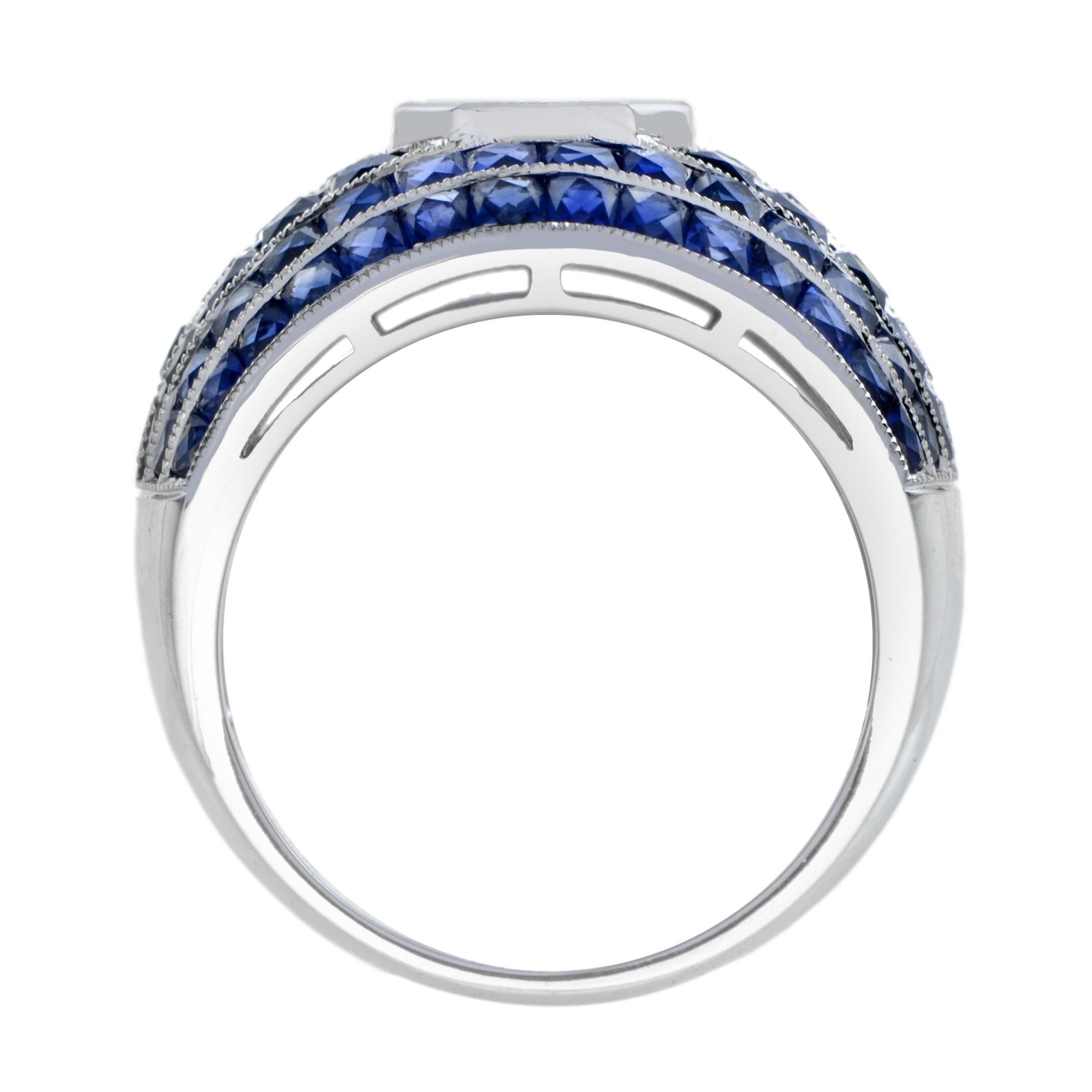 Illusion Set Asscher Cut Diamond and Blue Sapphire Bombay Ring in 18K White Gold In New Condition In Bangkok, TH