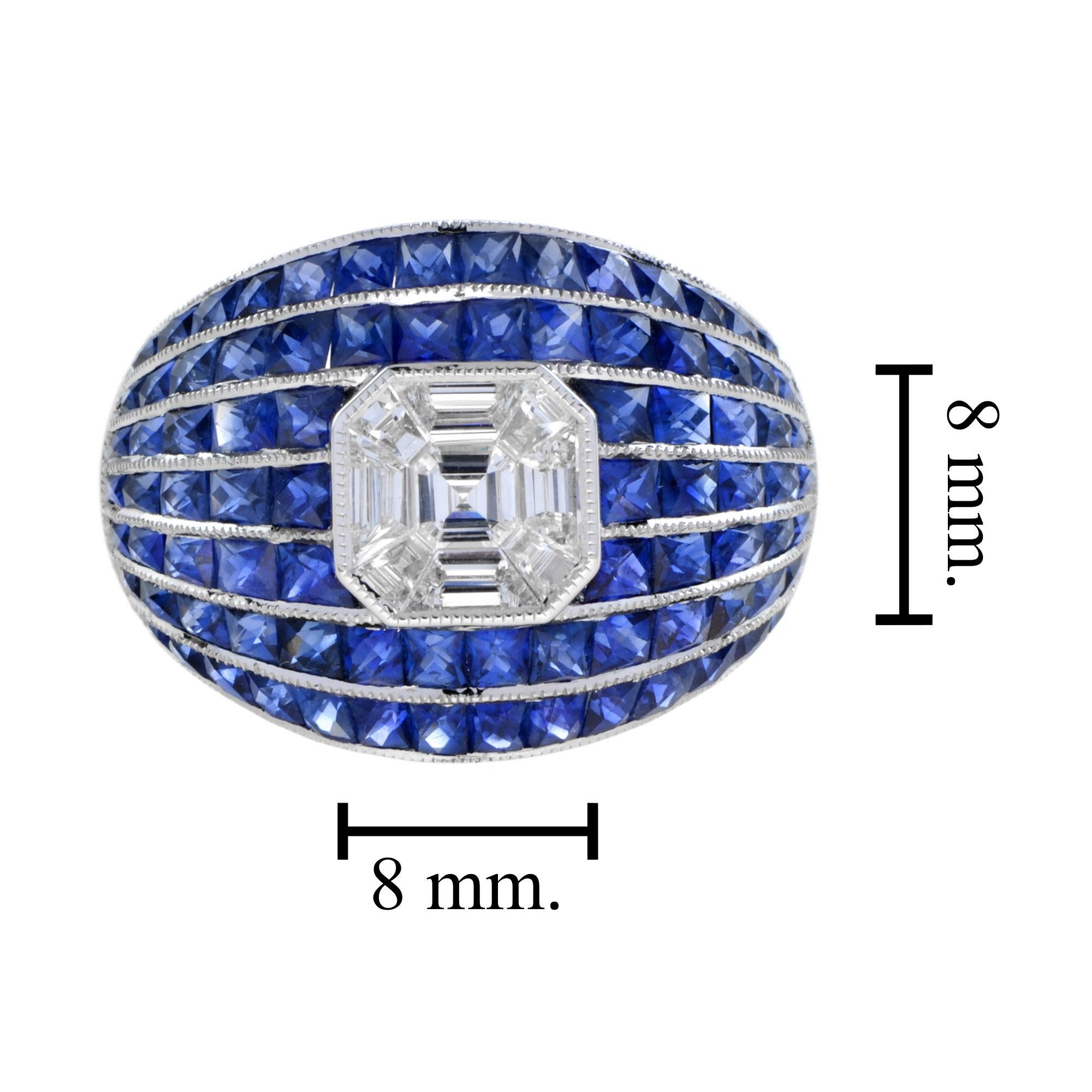Women's or Men's Illusion Set Asscher Cut Diamond and Blue Sapphire Bombay Ring in 18K White Gold