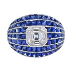 Illusion Set Asscher Cut Diamond and Blue Sapphire Bombay Ring in 18K White Gold