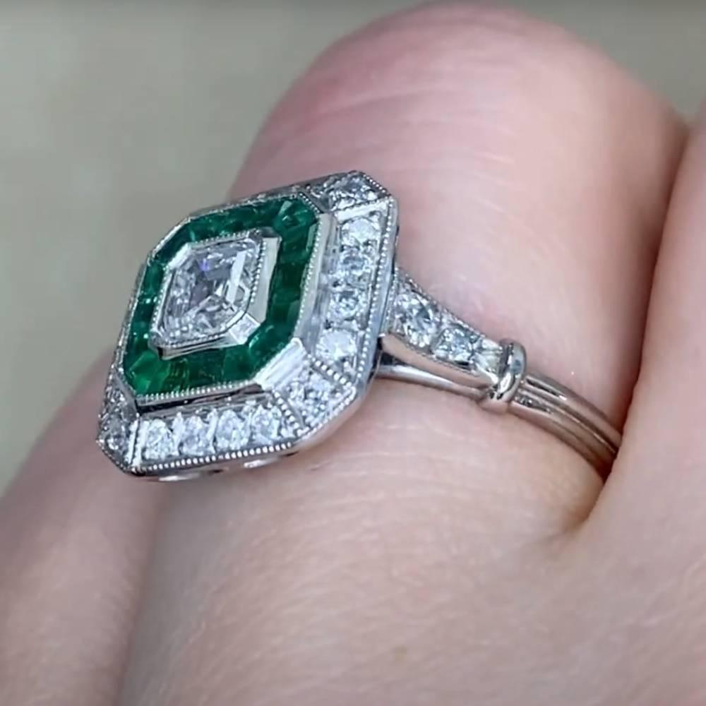 Asscher Cut Diamond and Emerald Halo Ring (GIA Approx. 0.50-Carats), Platinum In Excellent Condition For Sale In New York, NY