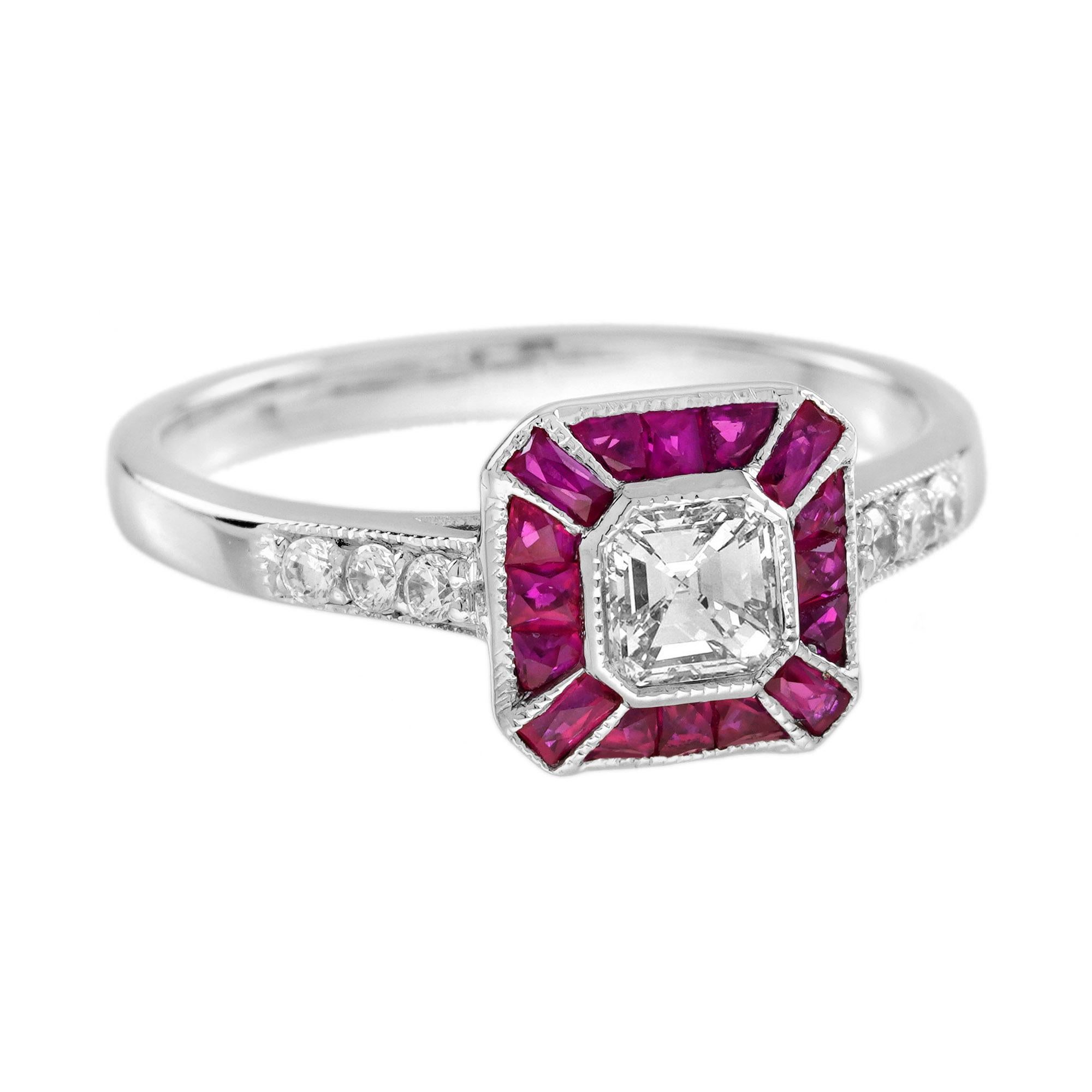 Asscher Cut Diamond and Ruby Art Deco Style Engagement Ring in 18K White Gold In New Condition For Sale In Bangkok, TH