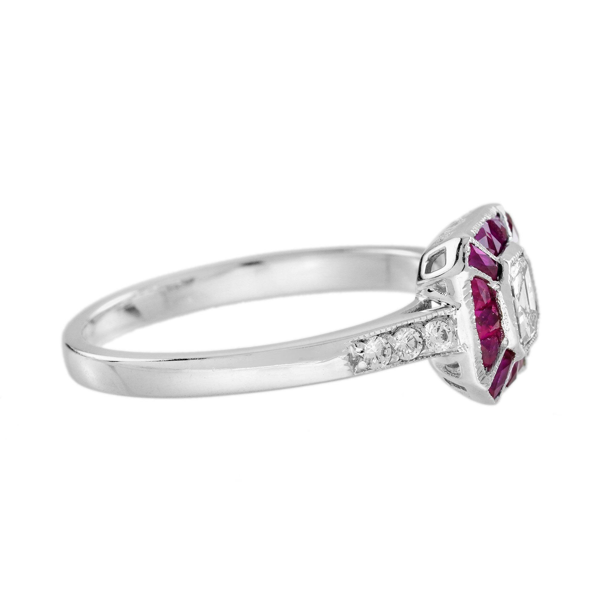 Women's Asscher Cut Diamond and Ruby Art Deco Style Engagement Ring in 18K White Gold For Sale