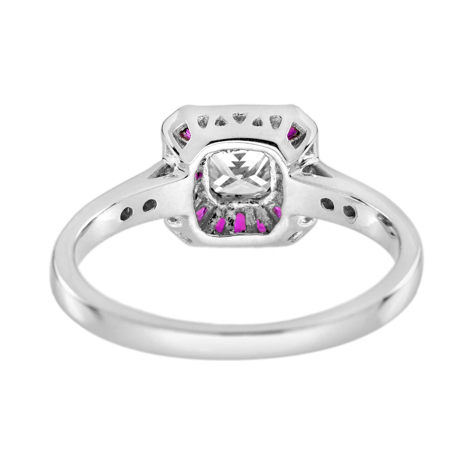 Asscher Cut Diamond and Ruby Art Deco Style Engagement Ring in 18K White Gold For Sale 1