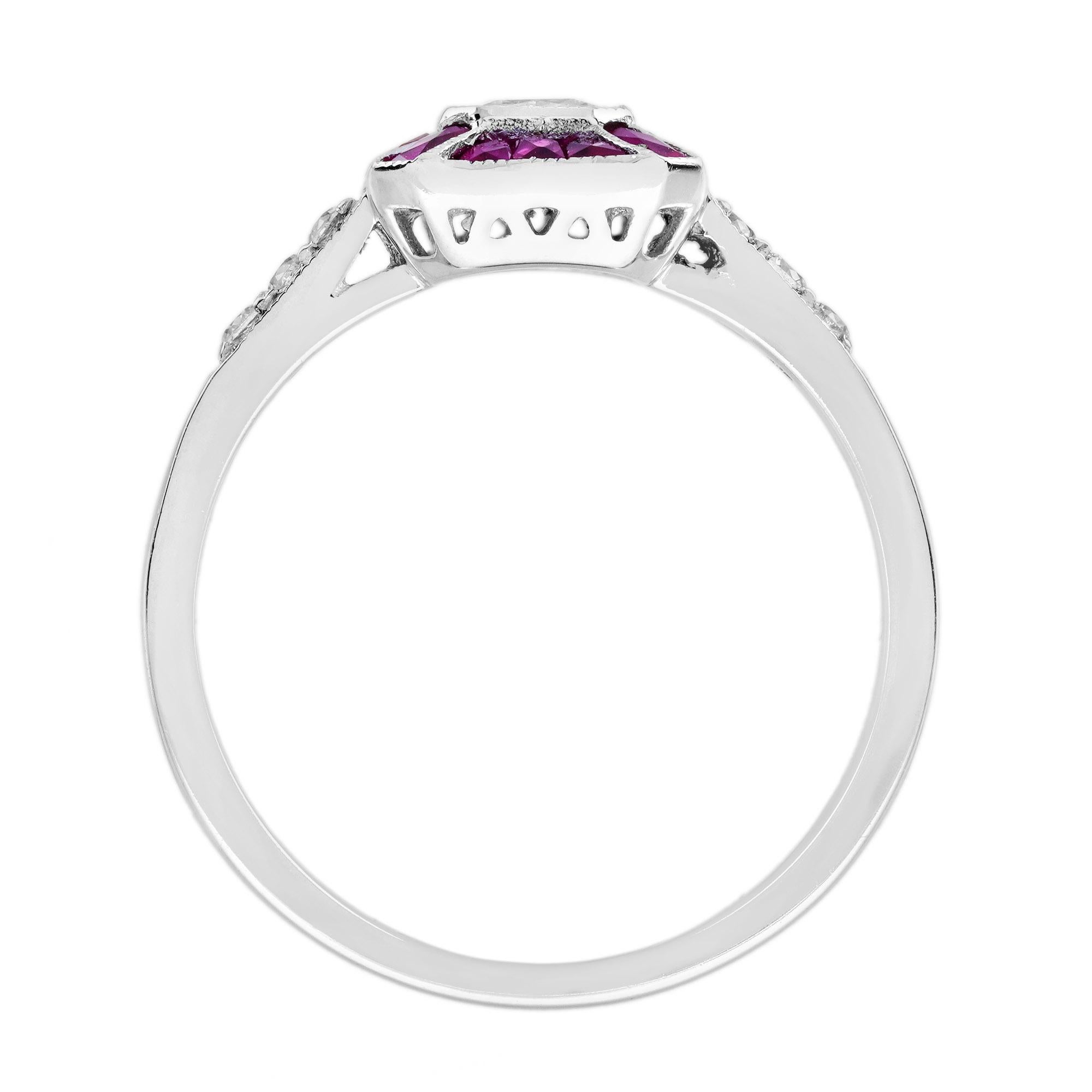 Asscher Cut Diamond and Ruby Art Deco Style Engagement Ring in 18K White Gold For Sale 2