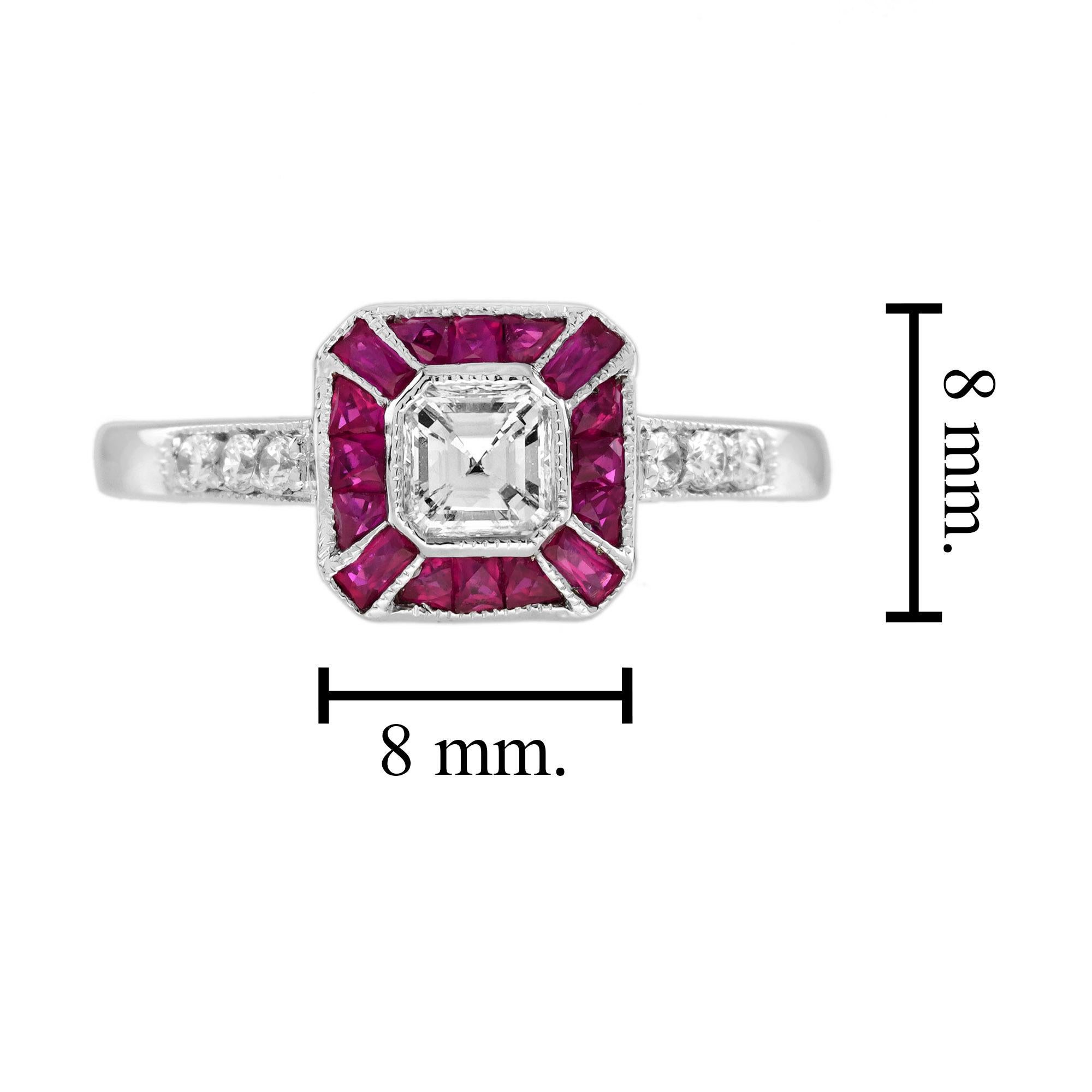 Asscher Cut Diamond and Ruby Art Deco Style Engagement Ring in 18K White Gold For Sale 3