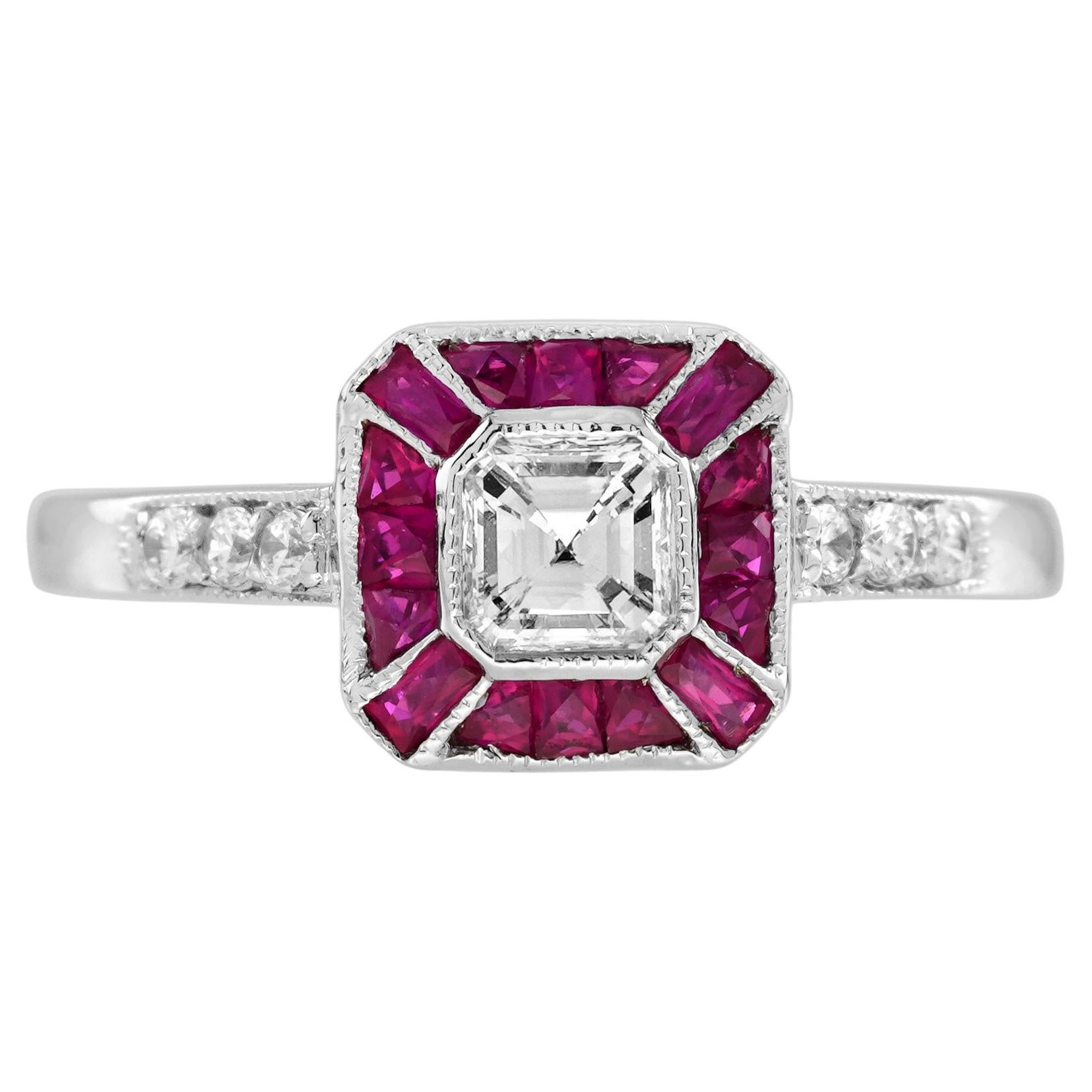 Asscher Cut Diamond and Ruby Art Deco Style Engagement Ring in 18K White Gold