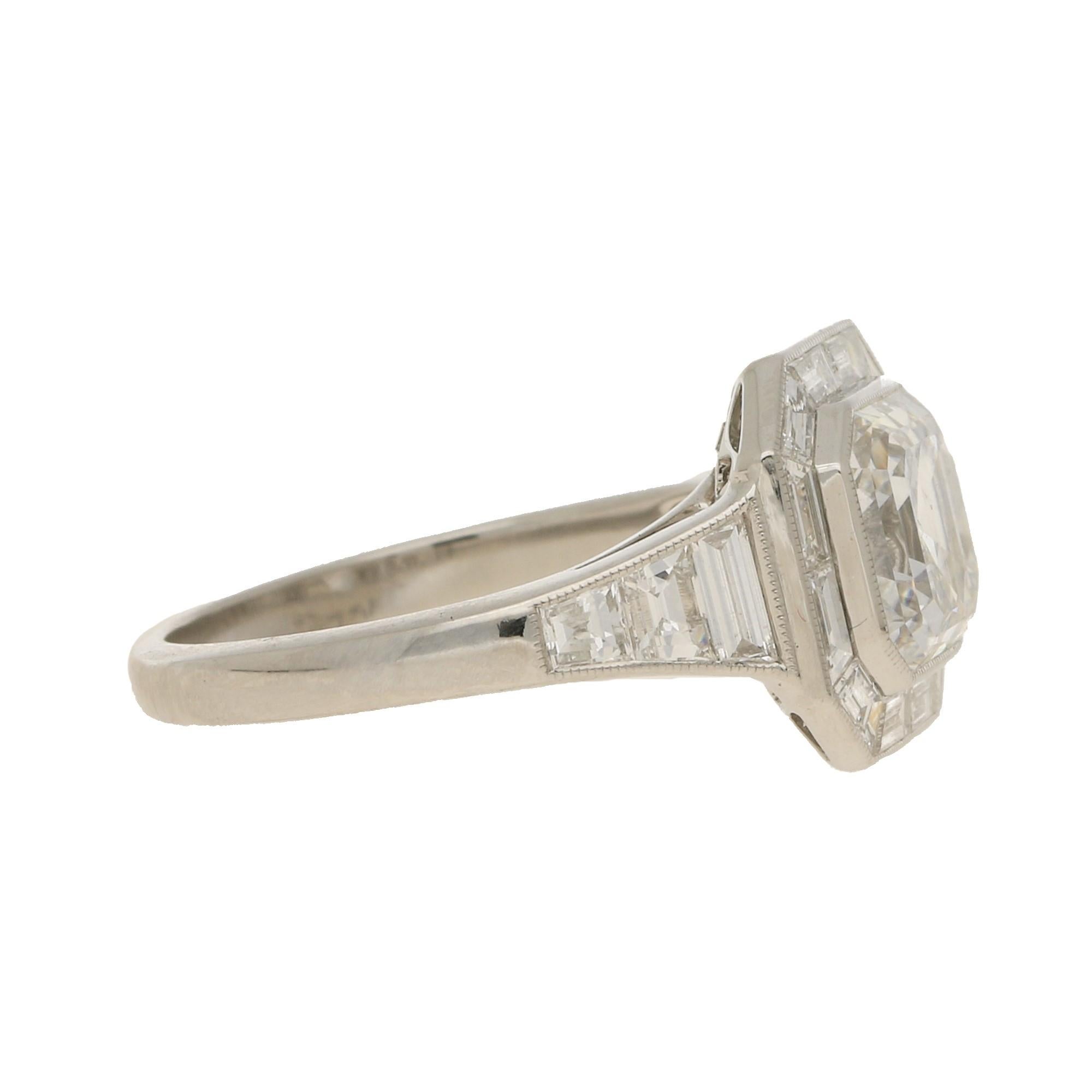 Art Deco Asscher Cut Diamond Cluster Engagement Ring Set in Platinum