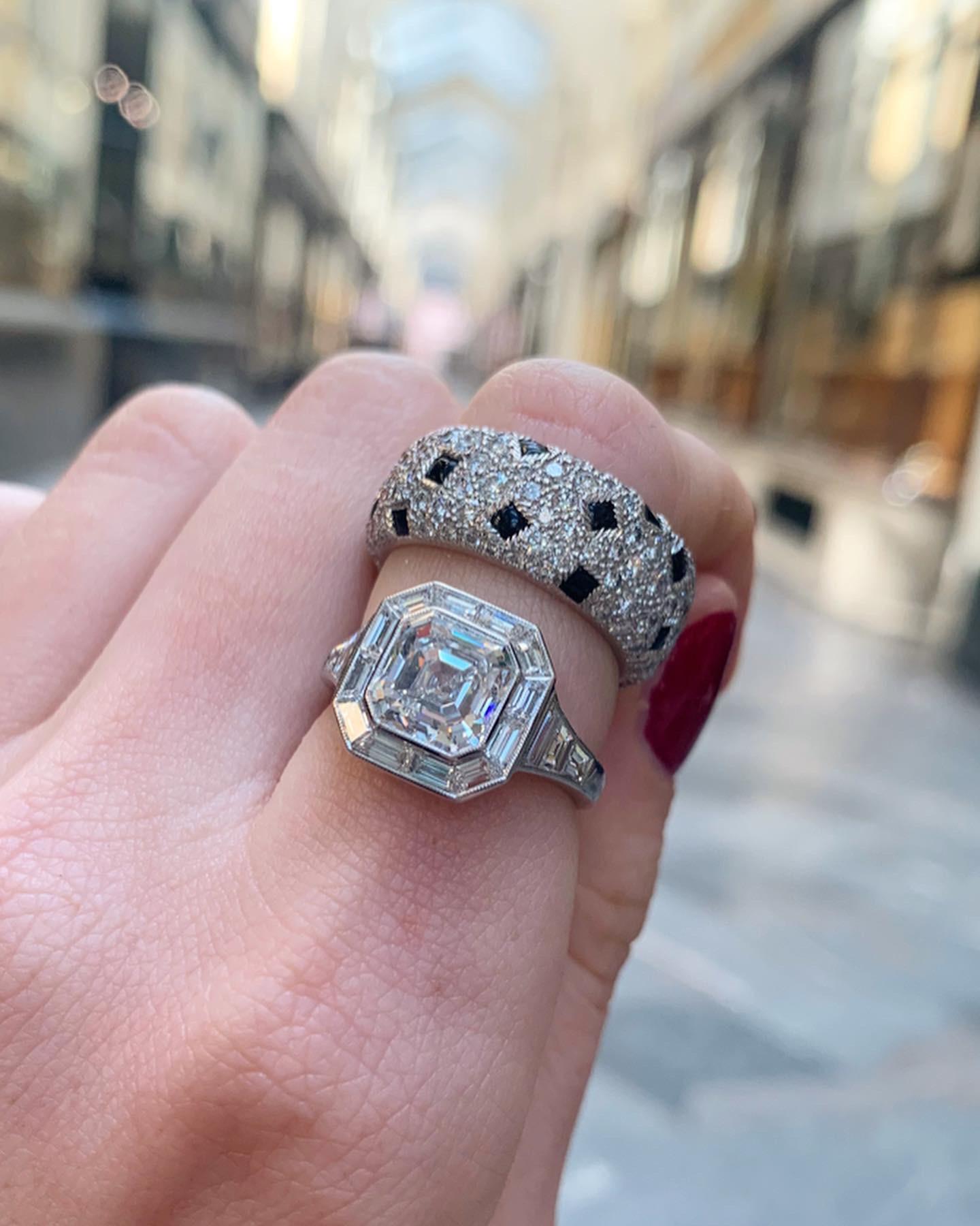 Women's or Men's Asscher Cut Diamond Cluster Engagement Ring Set in Platinum