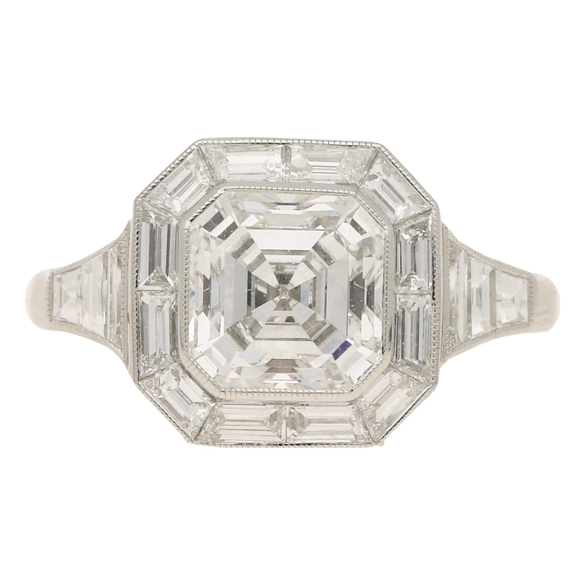 Asscher Cut Diamond Cluster Engagement Ring Set in Platinum