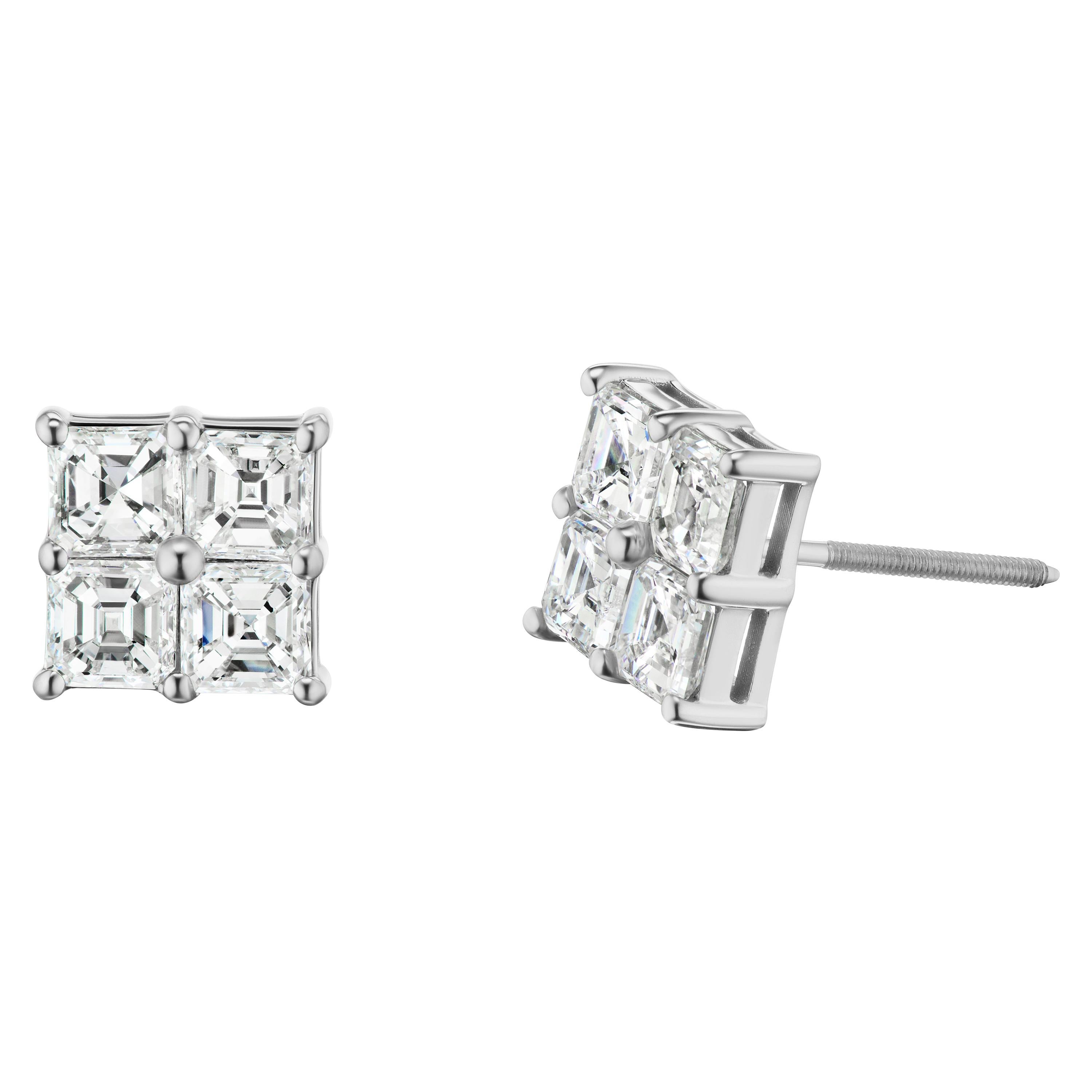 Conflict Free Asscher Cut Diamond Cluster Stud Earrings 1.98 Carat in 18 Karat For Sale