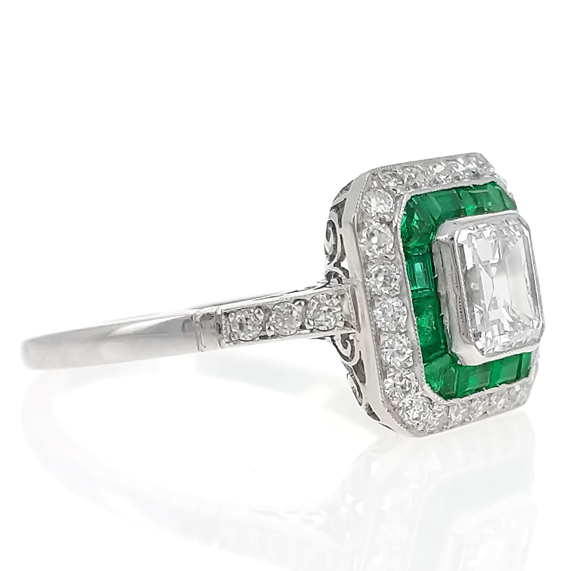 Art Deco 1.03 Carat Asscher Cut Diamond Emerald Halo Platinum Ring