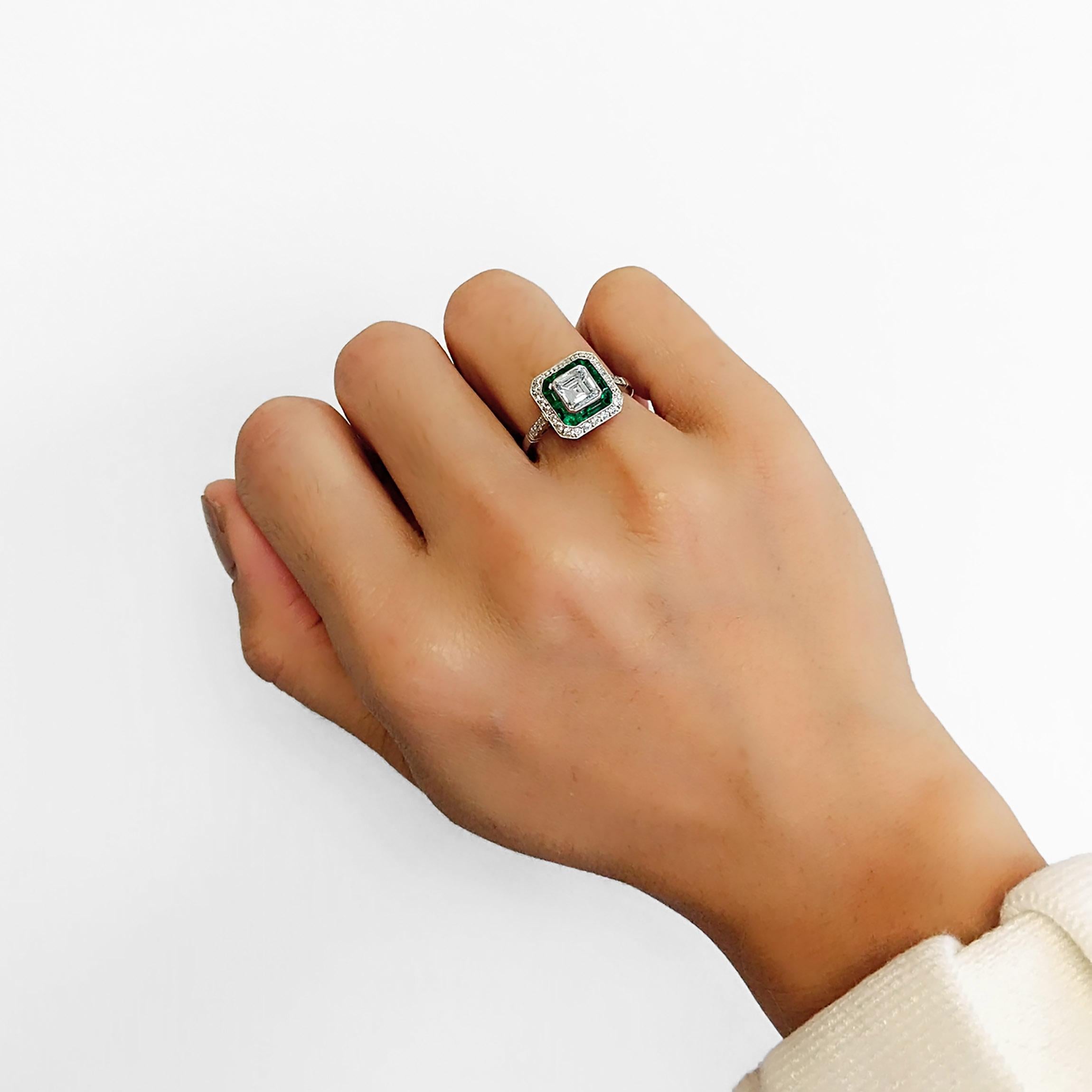 Women's or Men's 1.03 Carat Asscher Cut Diamond Emerald Halo Platinum Ring